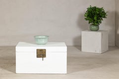 White Lacquered Trunk with Brass Hardware, Vintage Storage Chest
