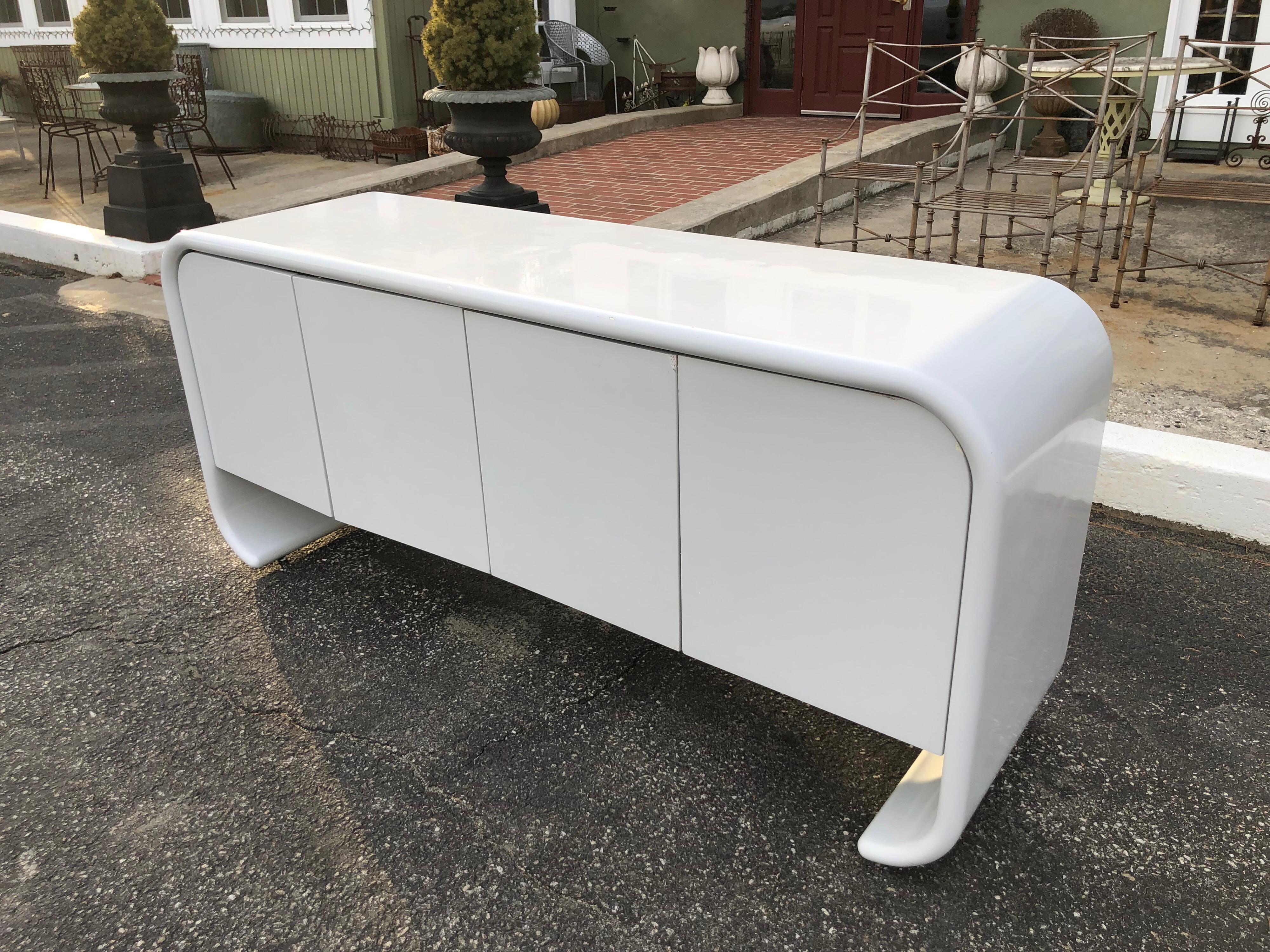 Late 20th Century White Lacquered Waterfall Credenza
