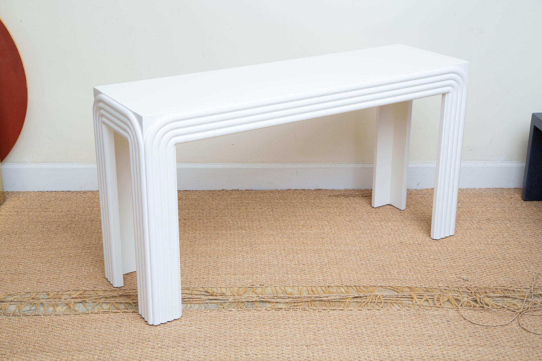Modern White Lacquered Over Wood Banded Console or Sofa Table Vintage For Sale