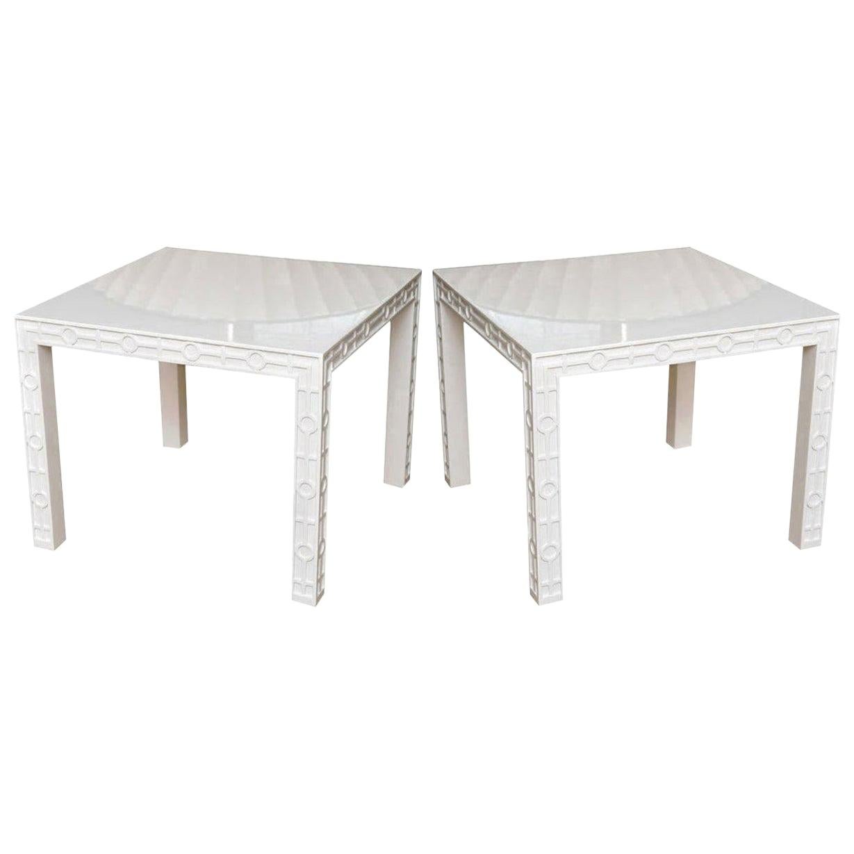 Pair of White Lacquered Wood Graphic and Sculptural Side or End Tables Vintage