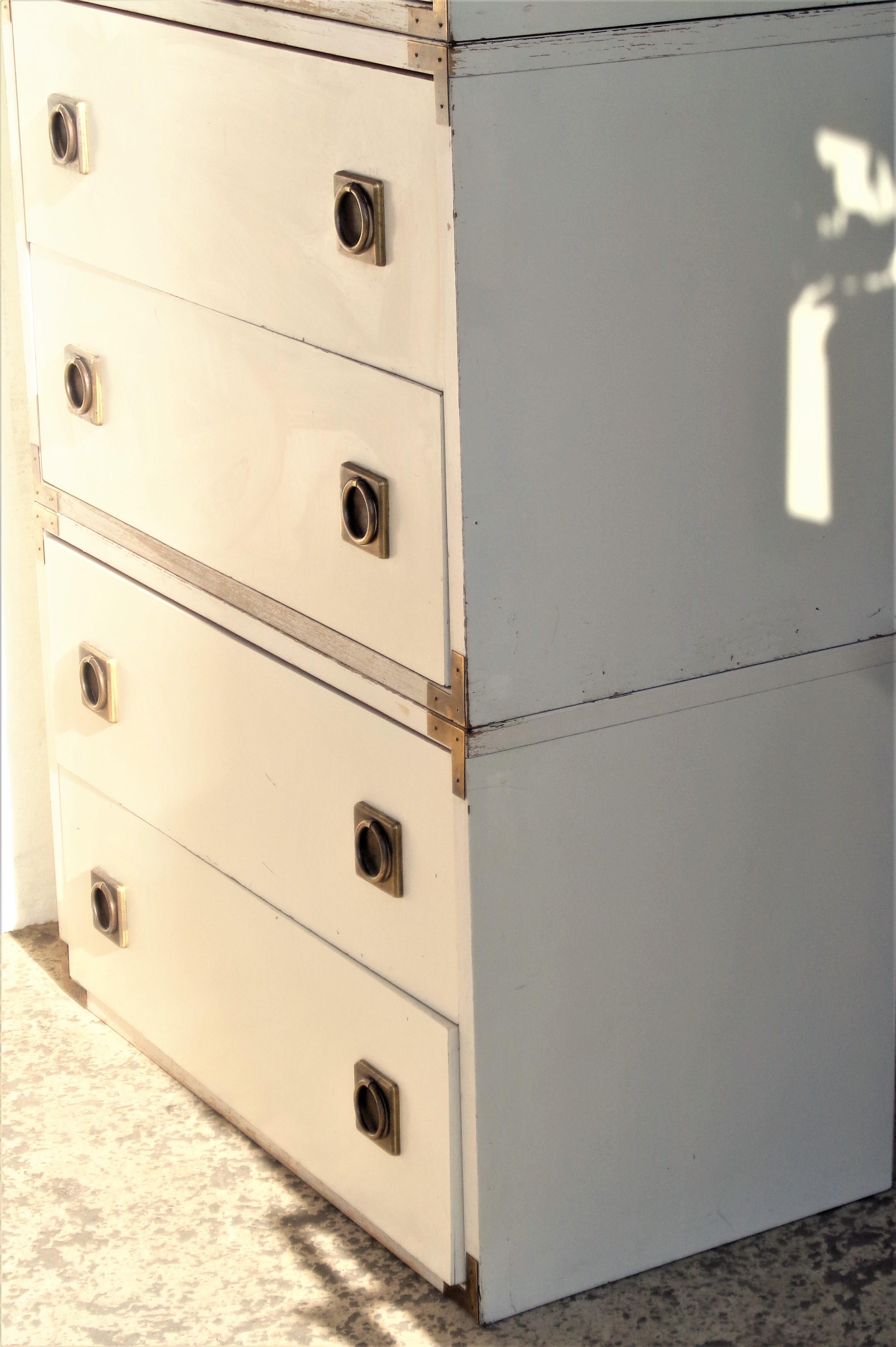 White Laminate and Brass Campaign Style Tall Chest 7