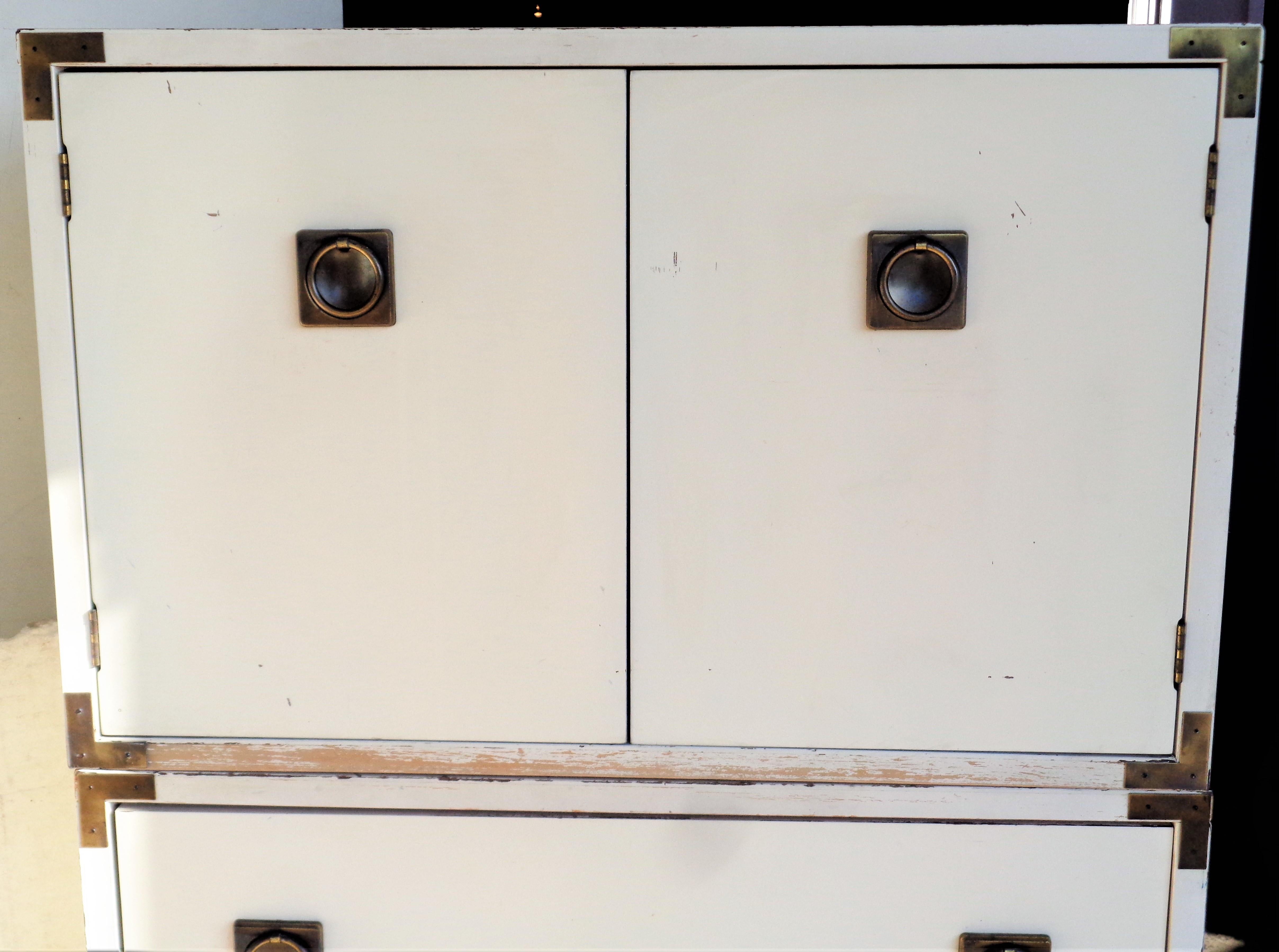 White Laminate and Brass Campaign Style Tall Chest 9