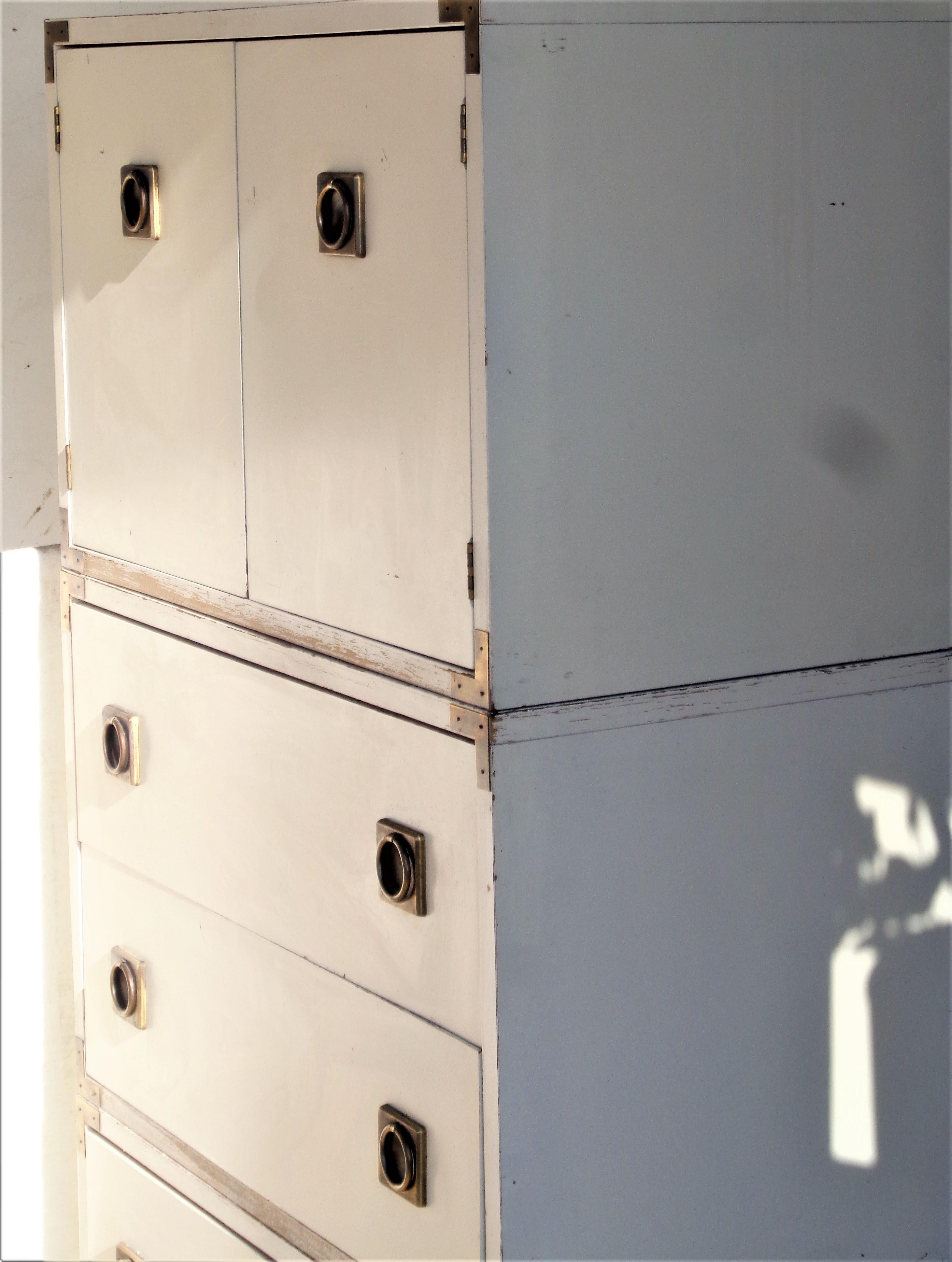 White Laminate and Brass Campaign Style Tall Chest 10