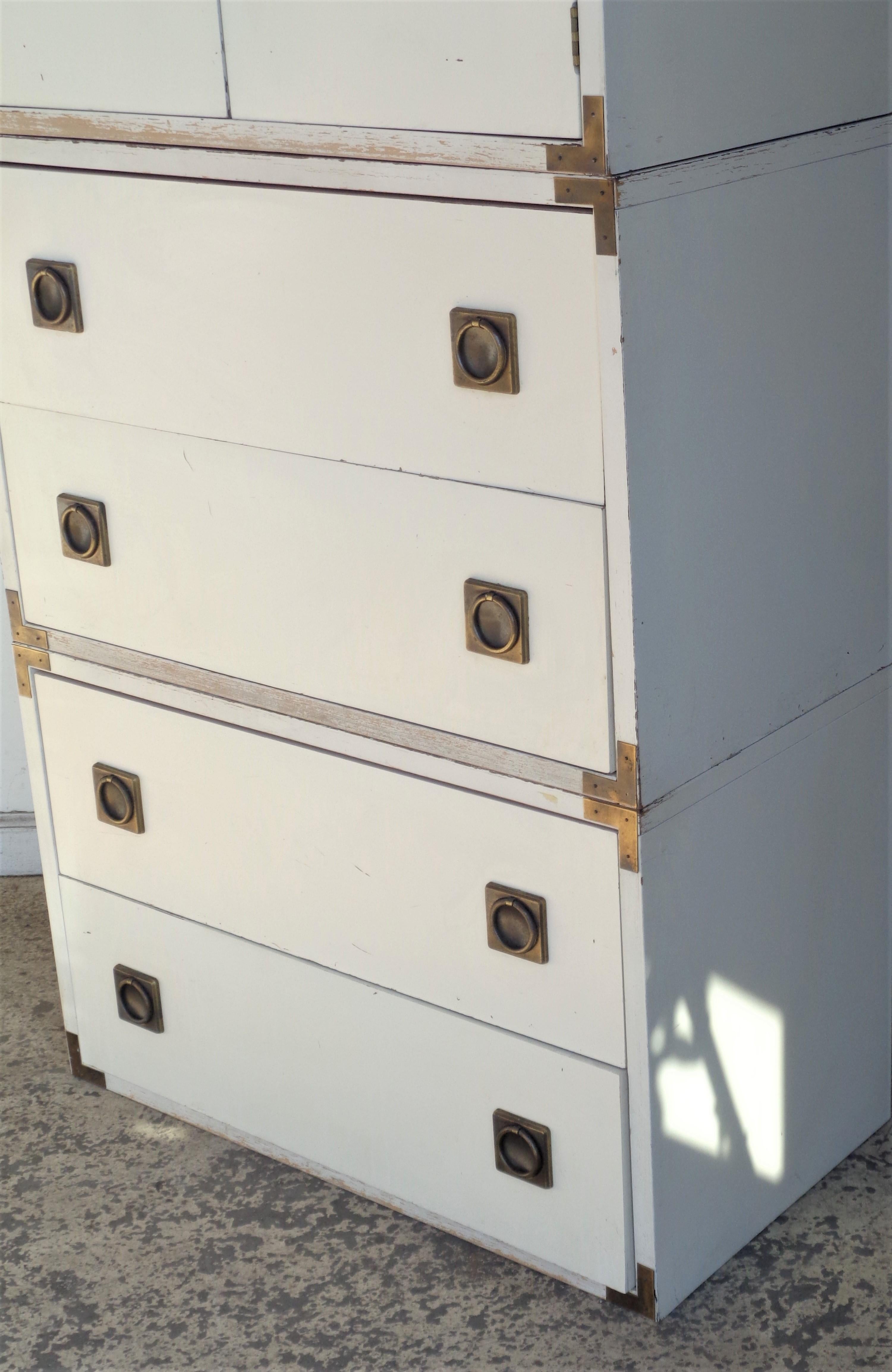 American White Laminate and Brass Campaign Style Tall Chest