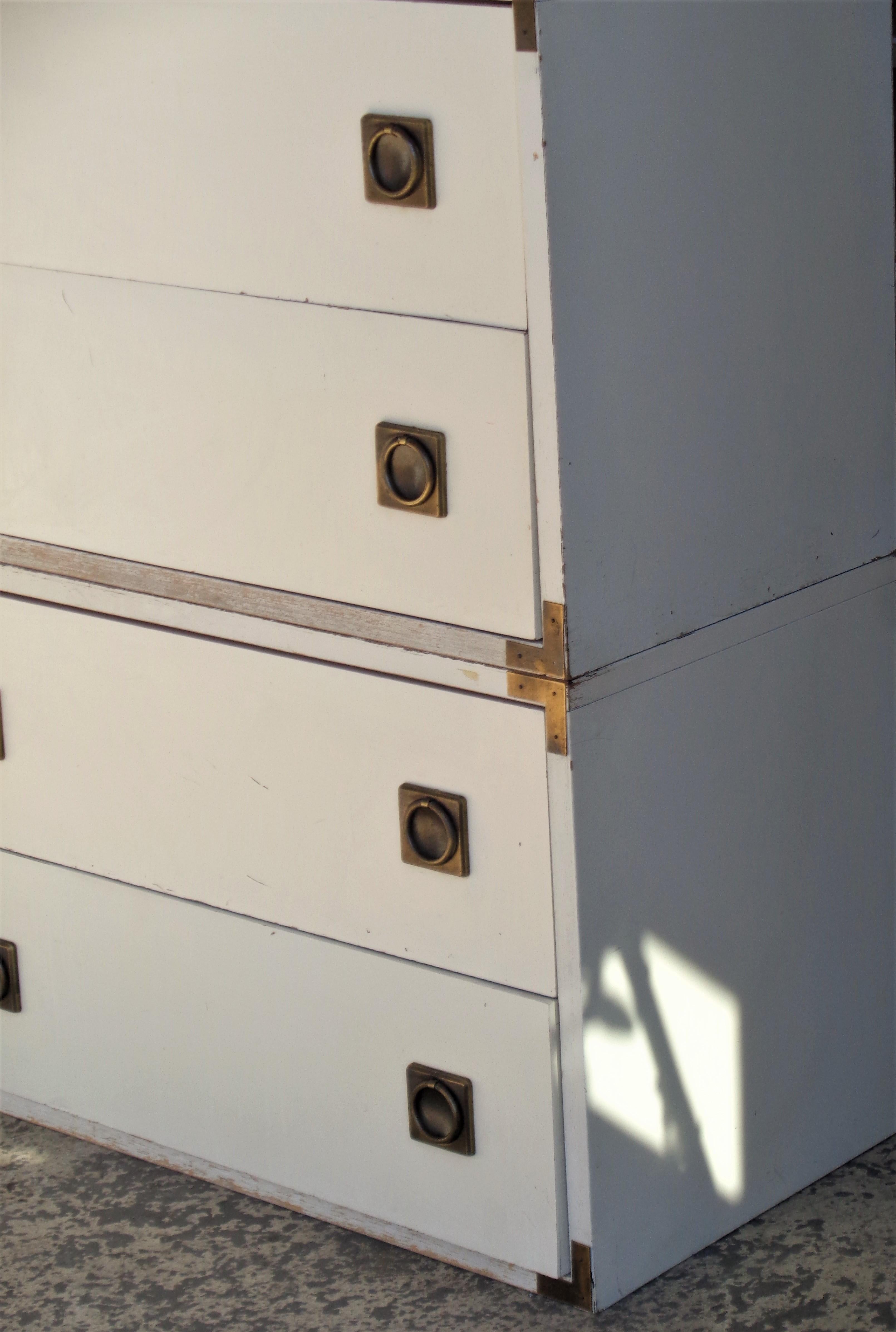 Painted White Laminate and Brass Campaign Style Tall Chest
