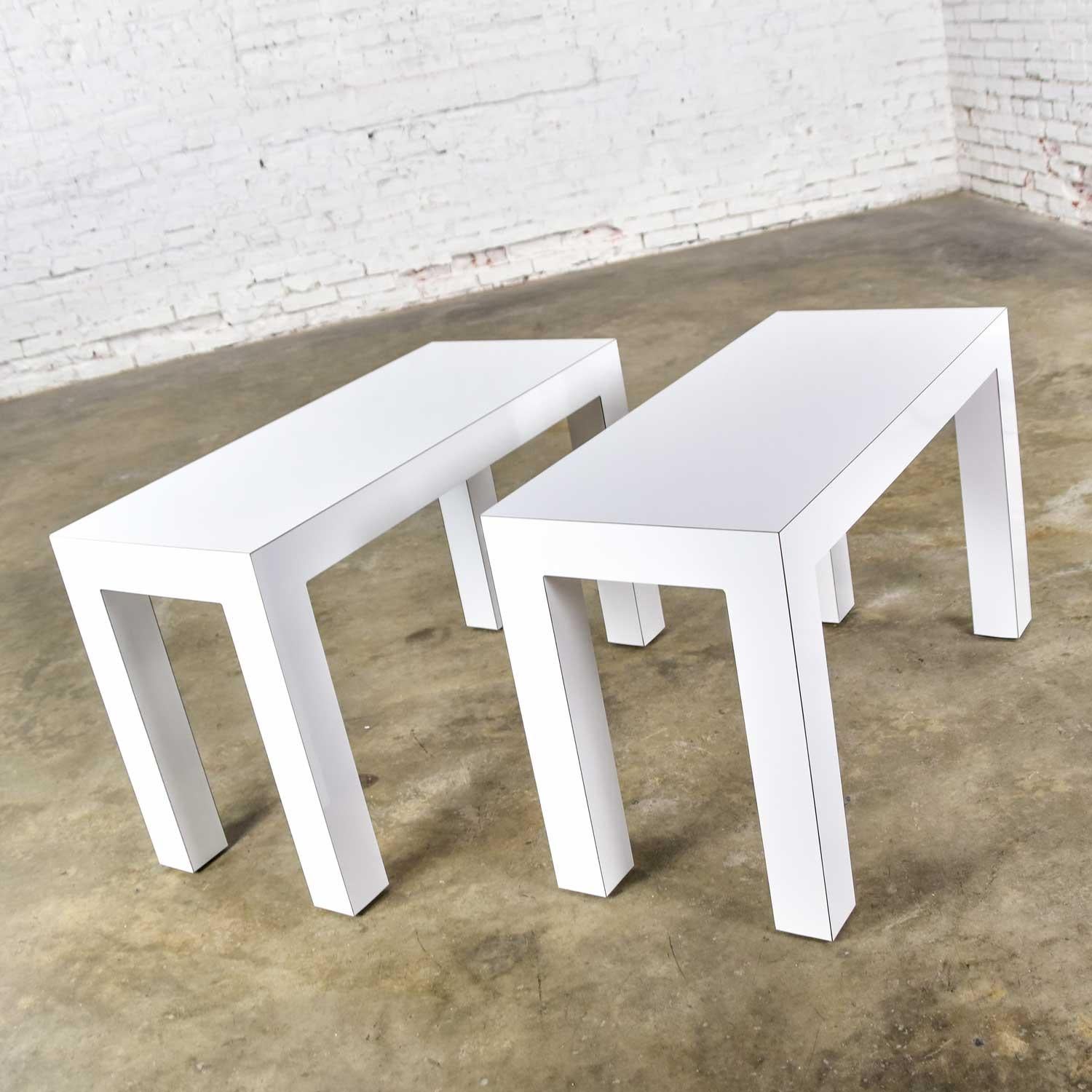 White Laminate Parsons Style Side or End Tables with Glass Tops, a Pair 4