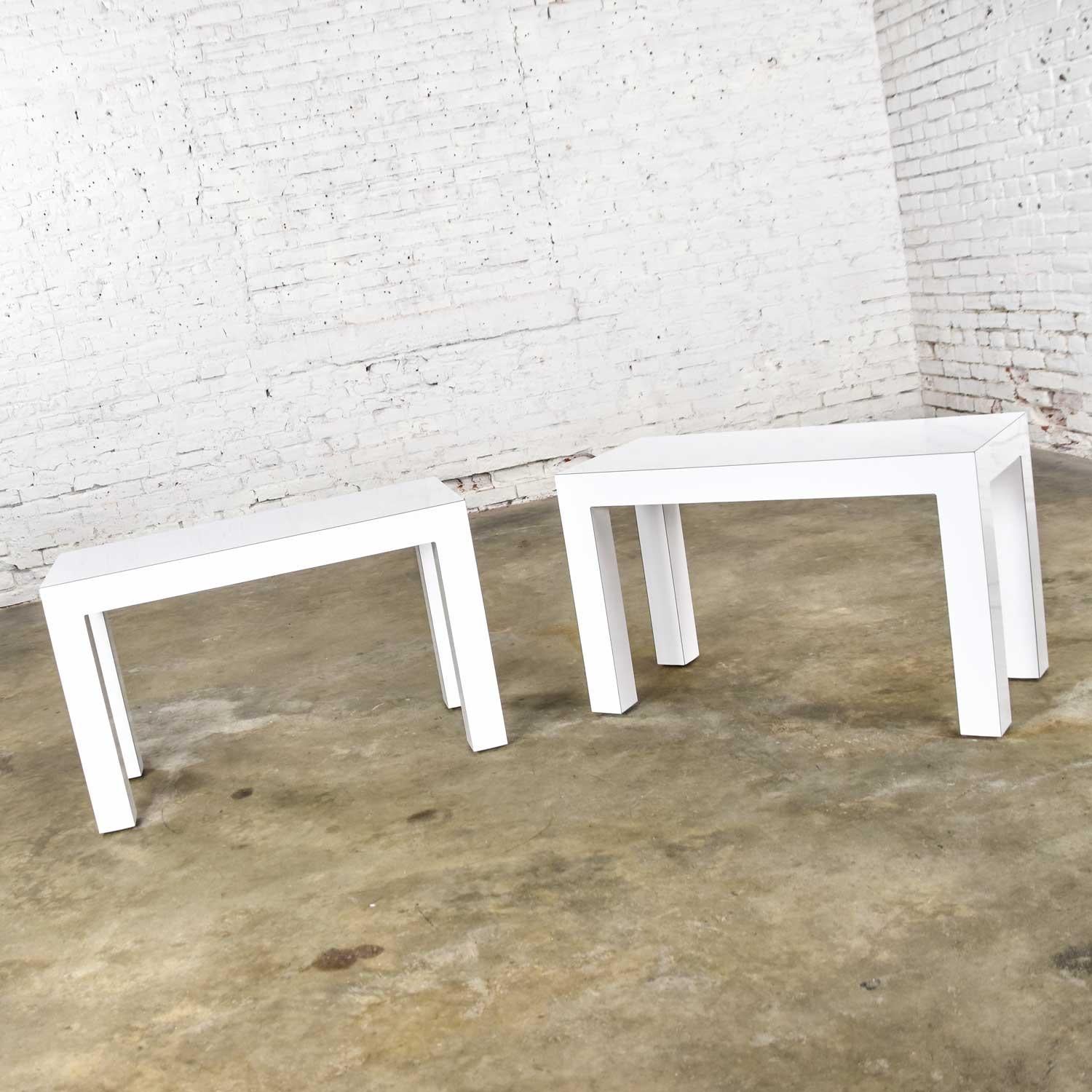 White Laminate Parsons Style Side or End Tables with Glass Tops, a Pair 5