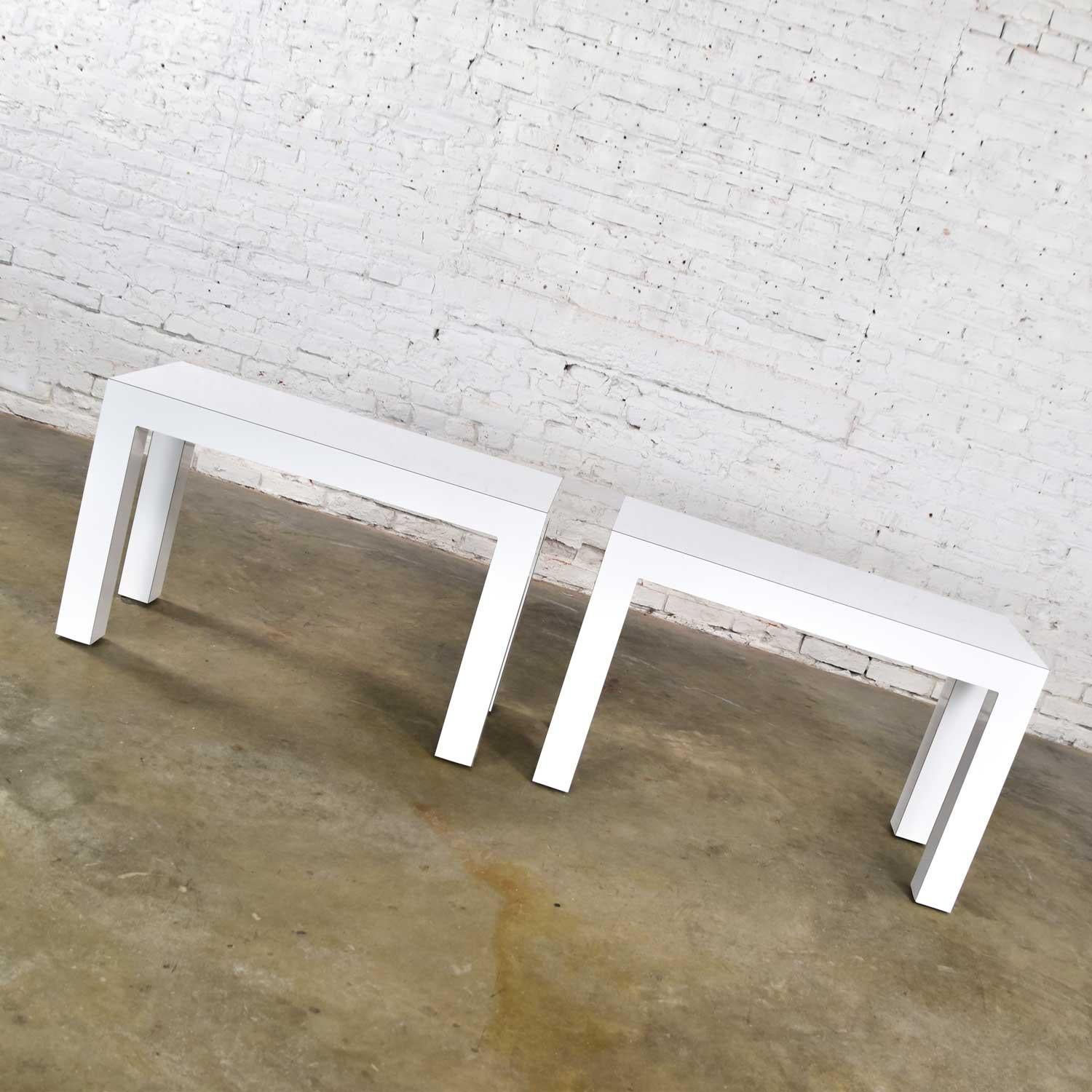 White Laminate Parsons Style Side or End Tables with Glass Tops, a Pair 6