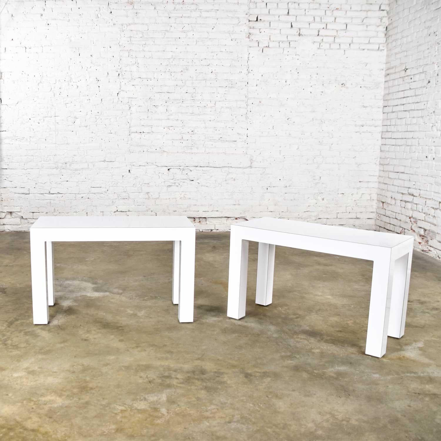 White Laminate Parsons Style Side or End Tables with Glass Tops, a Pair 7