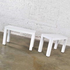 White Laminate Parsons Style Side or End Tables with Glass Tops, a Pair