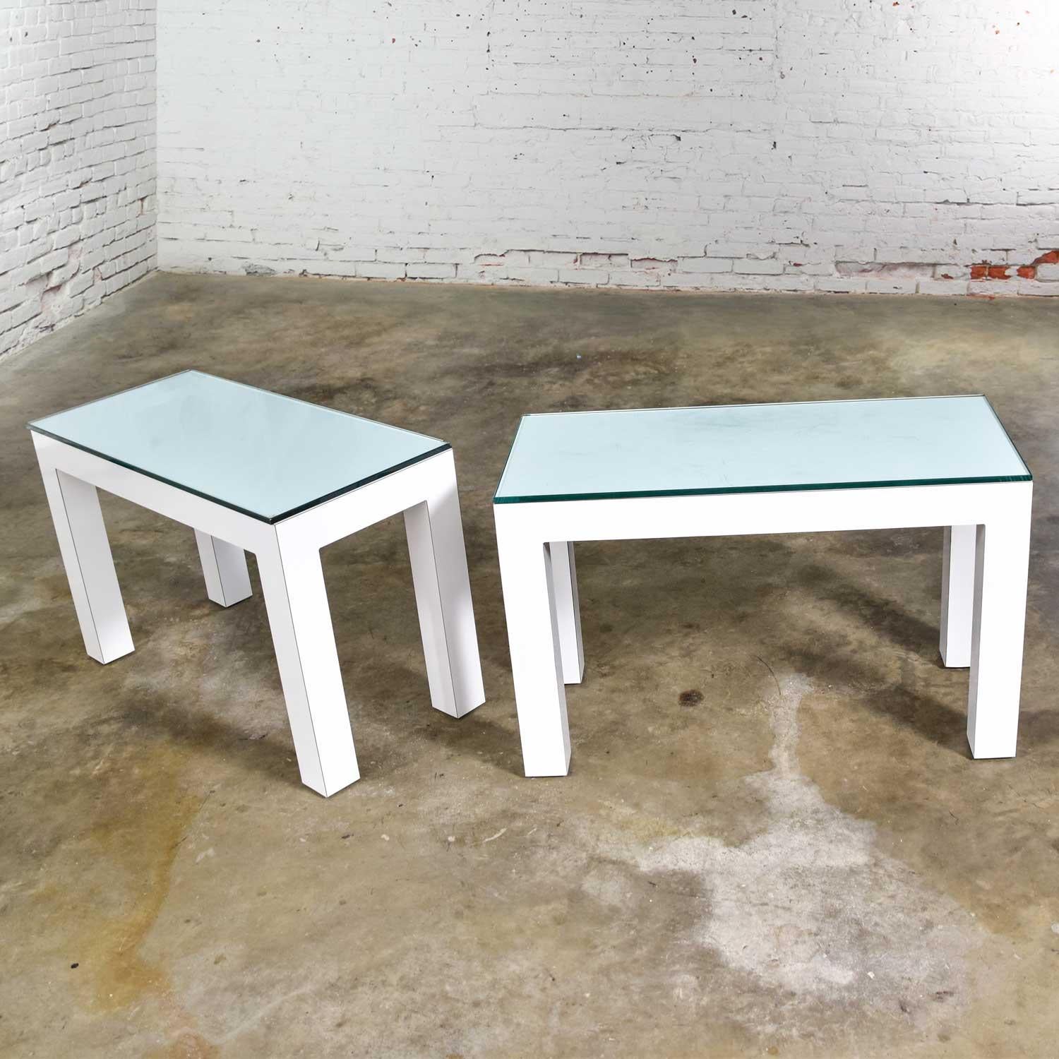 Mid-Century Modern White Laminate Parsons Style Side or End Tables with Glass Tops, a Pair