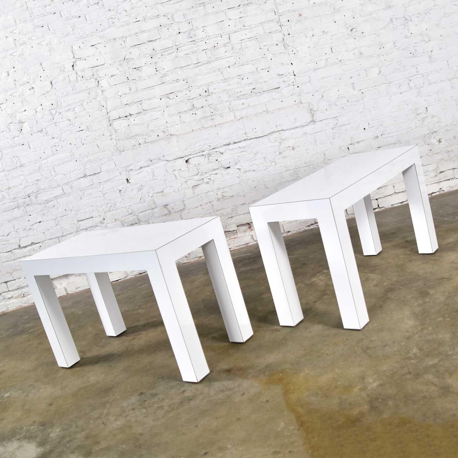 American White Laminate Parsons Style Side or End Tables with Glass Tops, a Pair