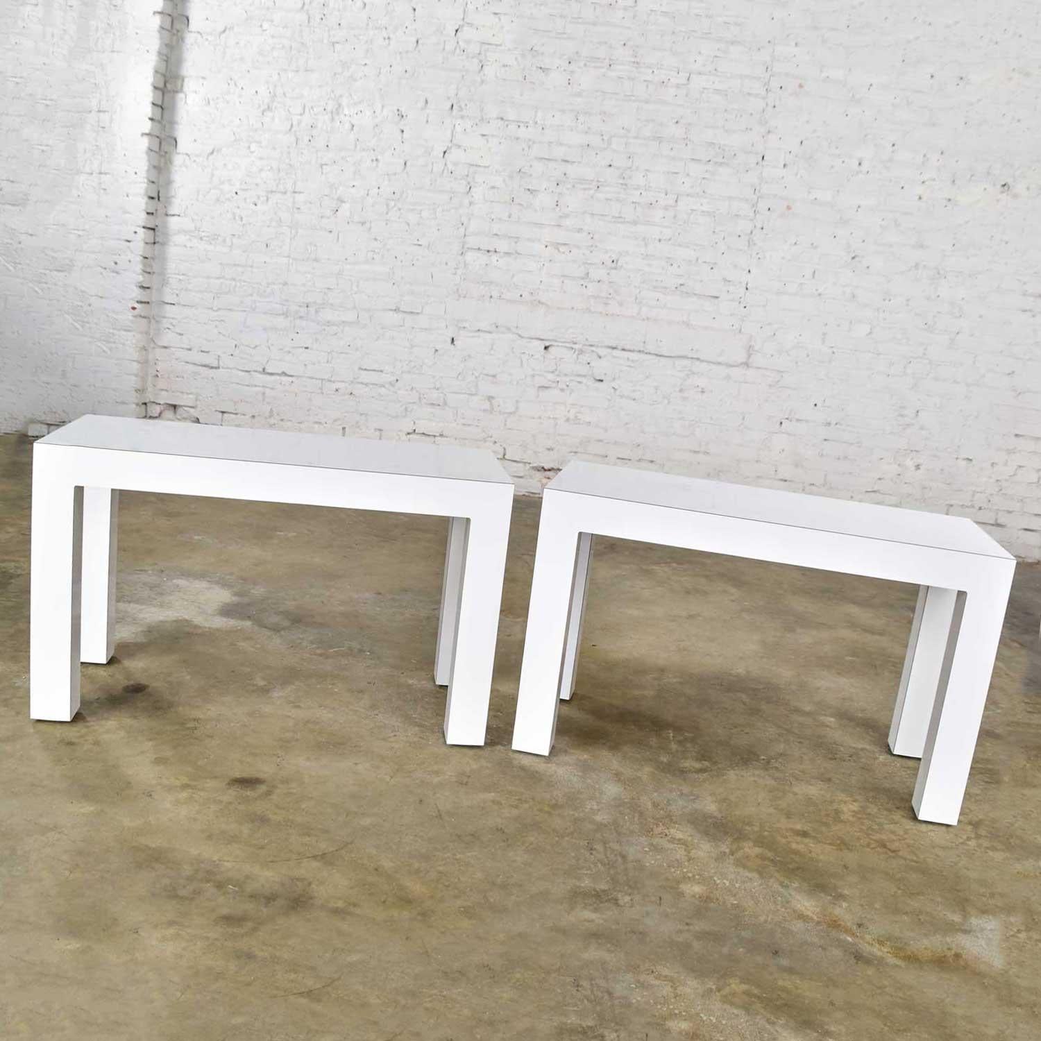 White Laminate Parsons Style Side or End Tables with Glass Tops, a Pair 2