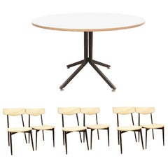White Laminated Wood Round Table with Six White Seats Chairs, Italy , Late 60s