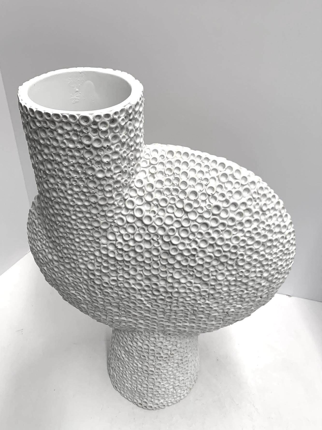 Contemporary Danish designed bone large white off center vase.
Bold surface texture.
Part of a very large collection.