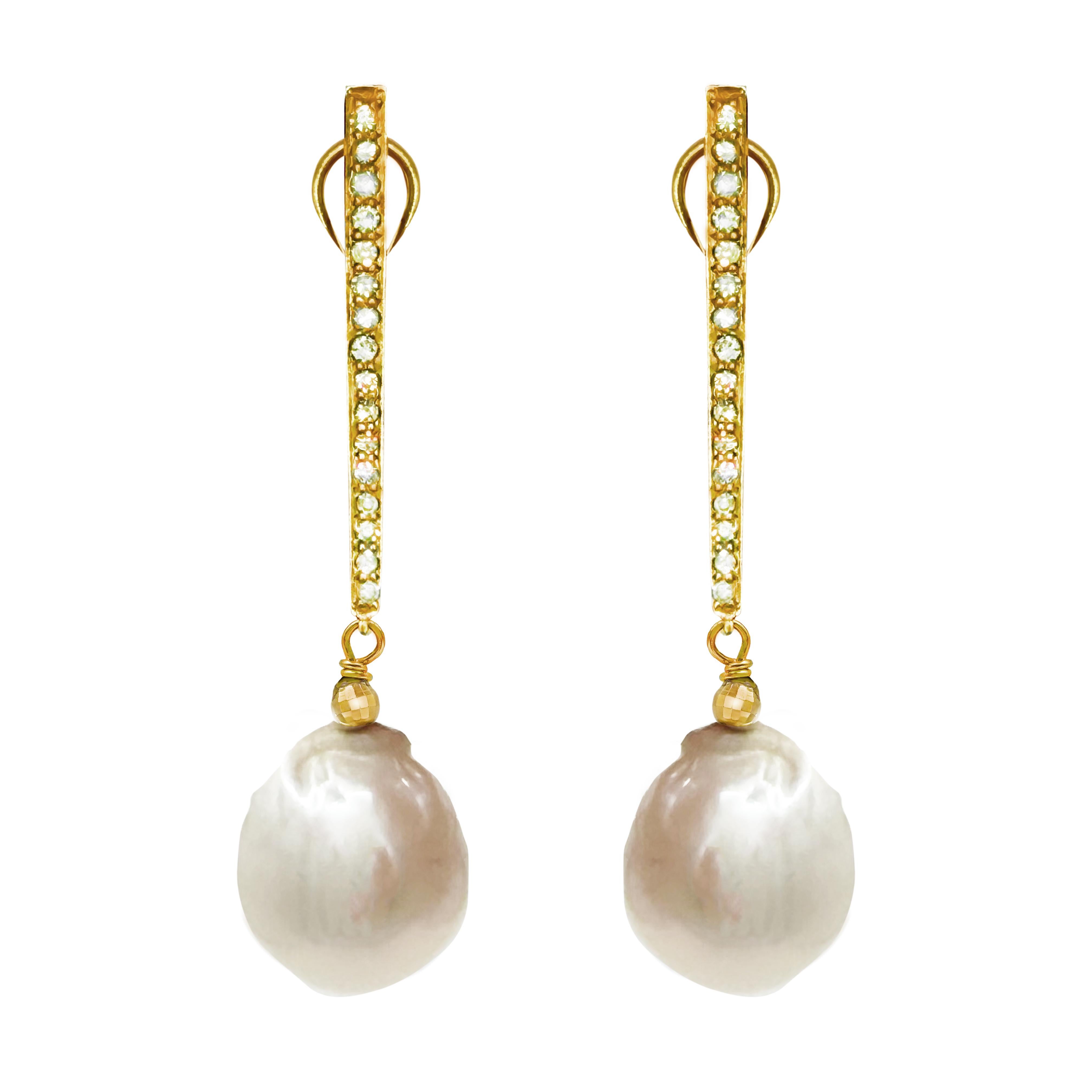 Artisan White Large Freshwater Pearls with Diamonds Paradizia Earrings For Sale