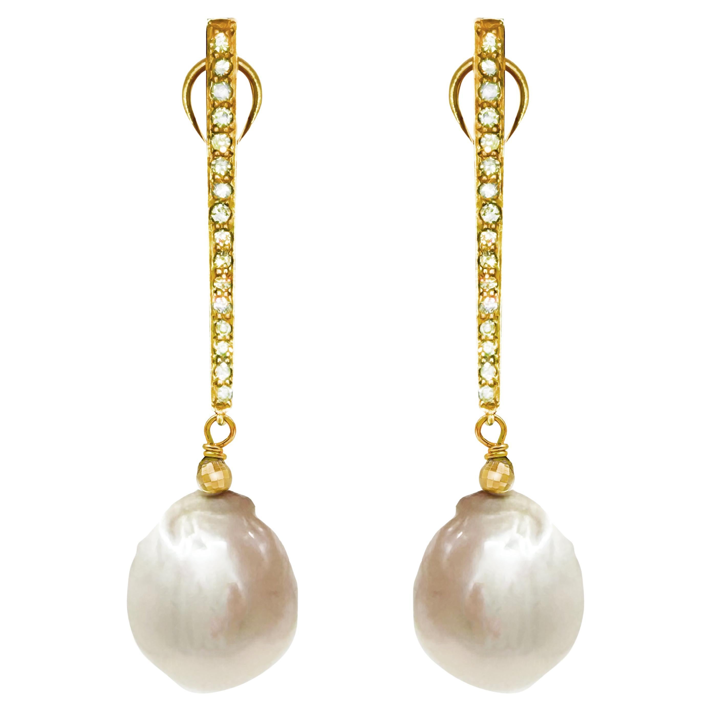 White Large Freshwater Pearls with Diamonds Paradizia Earrings