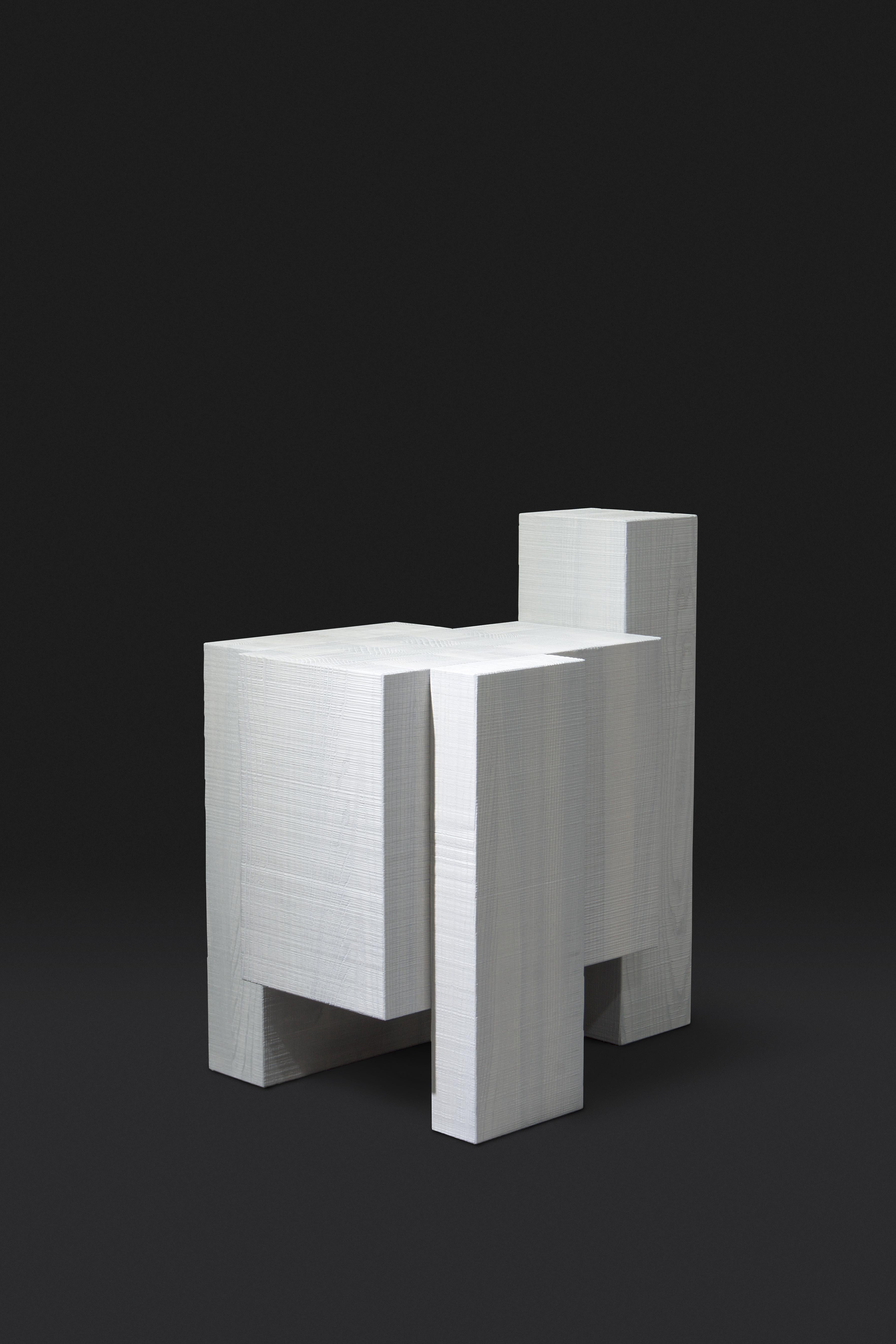 White layered ash wood stool I by Hyungshin Hwang.
Dimensions: D 36 x W 54 x H 54 cm.
Materials: oxidized ash.

Layered Series is the main theme and concept of work of Hwang, who continues his experiment which is based on architectural
