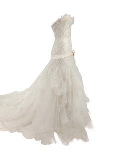 Elie Saab White Layered Lace Trim Sequinned Strapless Wedding Dress Size S