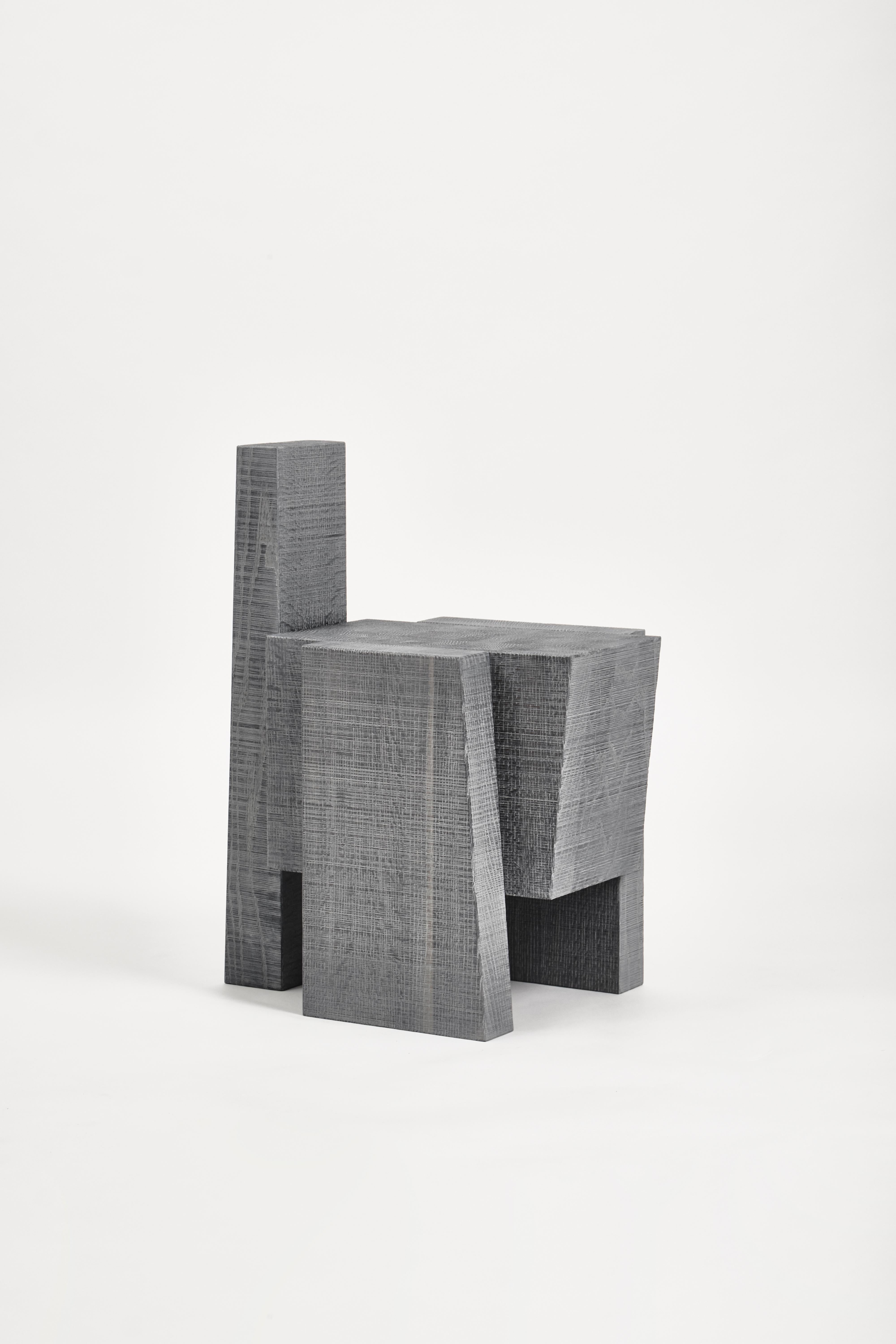 White layered oak wood stool I by Hyungshin Hwang.
Dimensions: D 33 x W 54 x H 69 cm.
Materials: oxidized red oak.

Layered Series is the main theme and concept of work of Hwang, who continues his experiment which is based on architectural