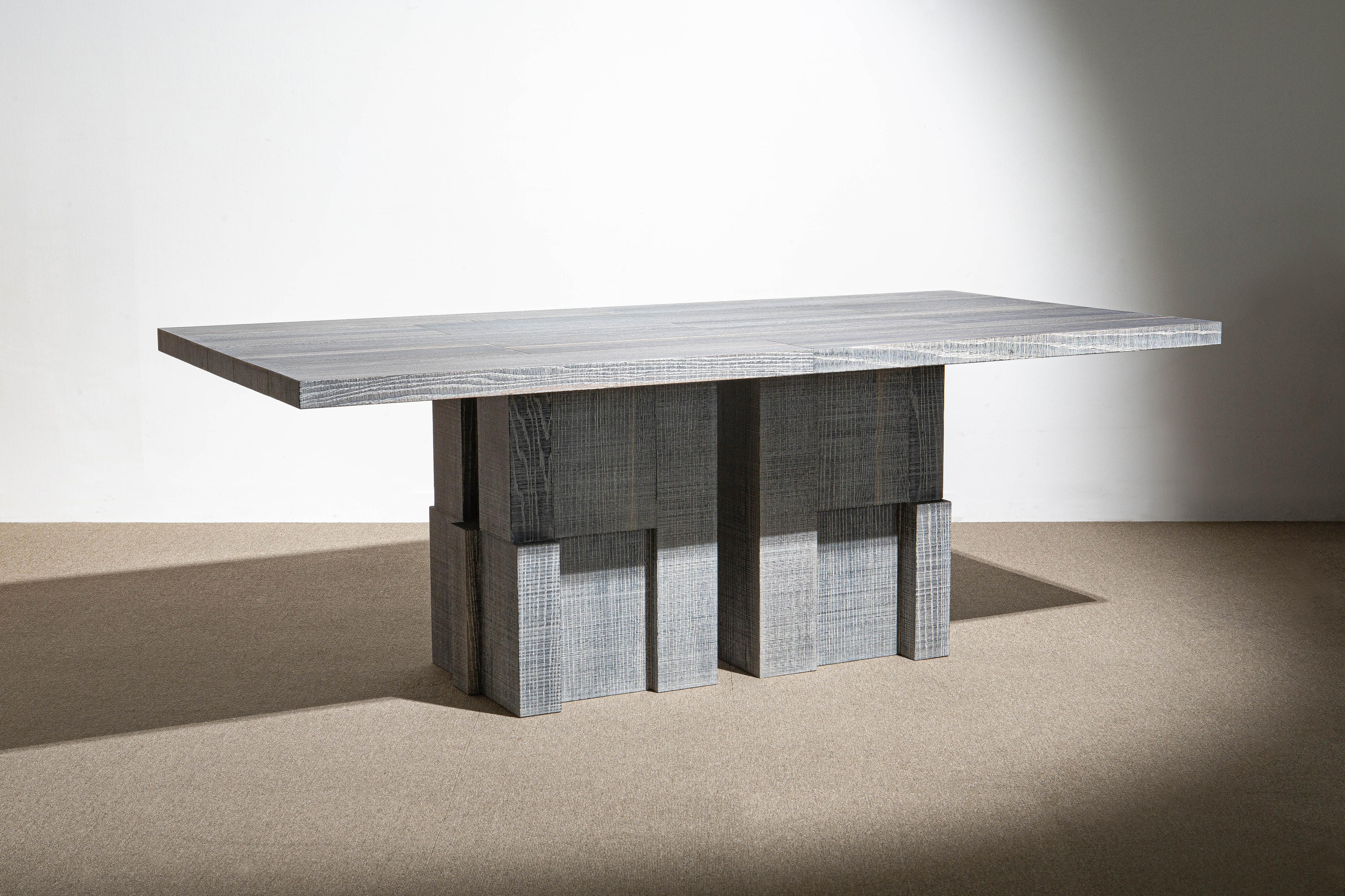 White Layered oak wood table by Hyungshin Hwang
Dimensions: D 200 x W 100 x H 75 cm
Materials: oxidized red oak

Layered Series is the main theme and concept of work of Hwang, who continues his experiment which is based on architectural