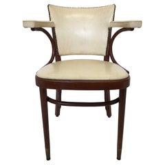 Vintage White Leather Armchair with Curved Armrest