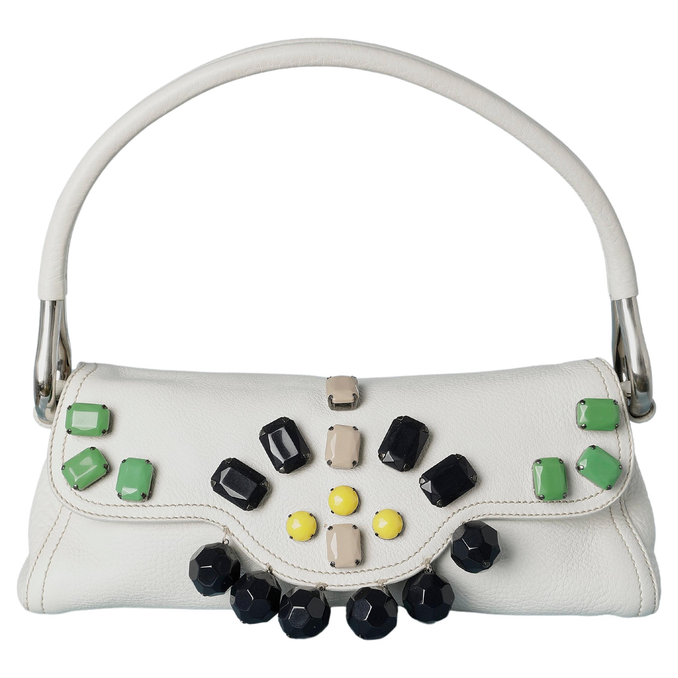 White leather bag with multicolor cabochons embellishement PRADA  For Sale