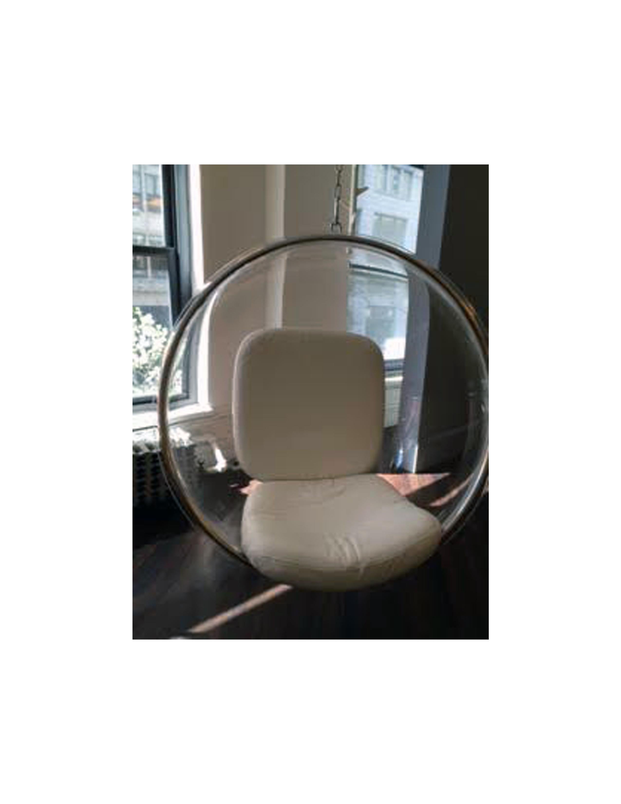 Bubble chair (with white leather cushions)
Designed by Eero Aarnio
Authentic, licensed original.
$4950
Cushions are brand new.
The Bubble chair was designed by Eero Aarnio in 1968. According to Eero’s notes, the Bubble hangs from the ceiling
