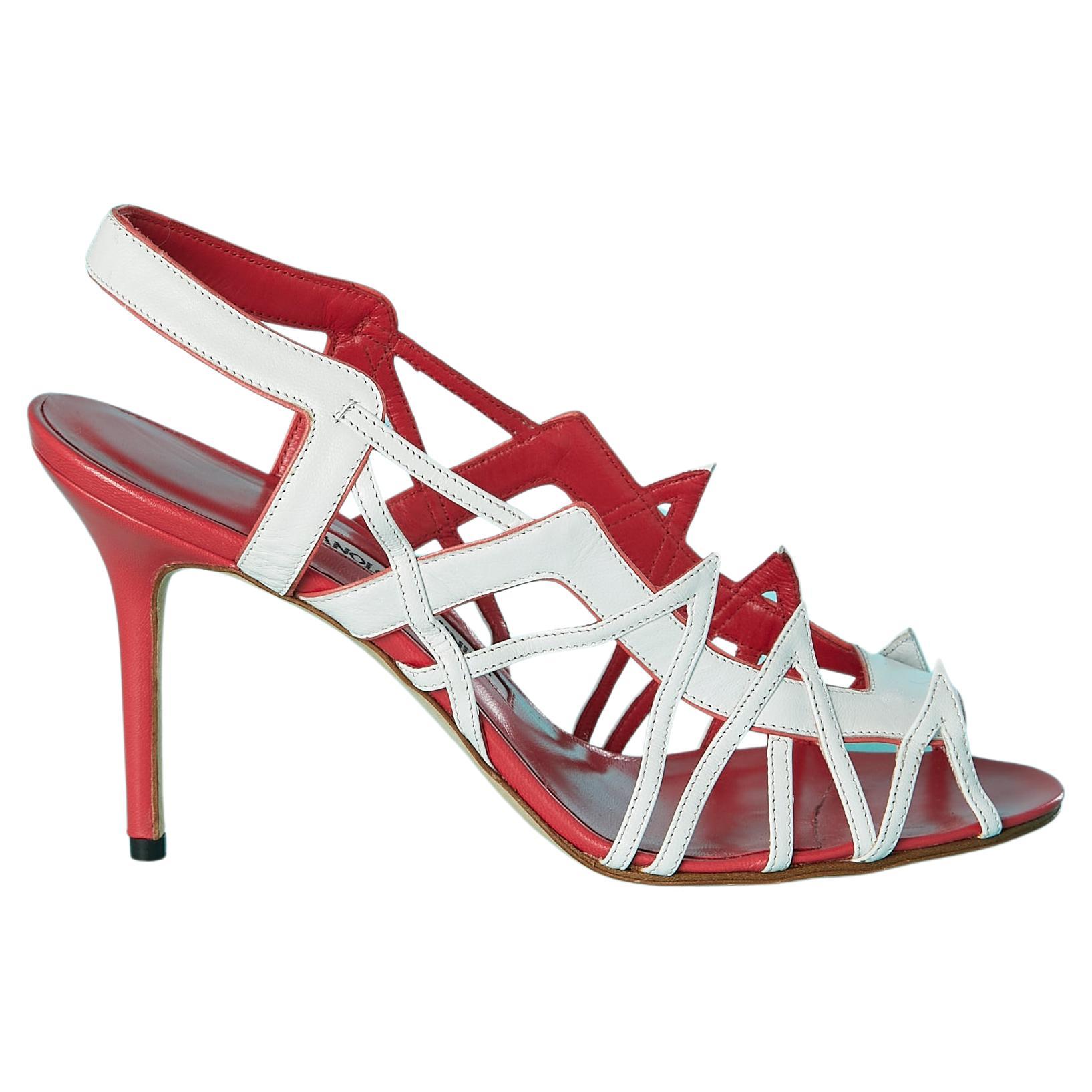 White leather high-heels sandals with cut work Manolo Blahnik  For Sale