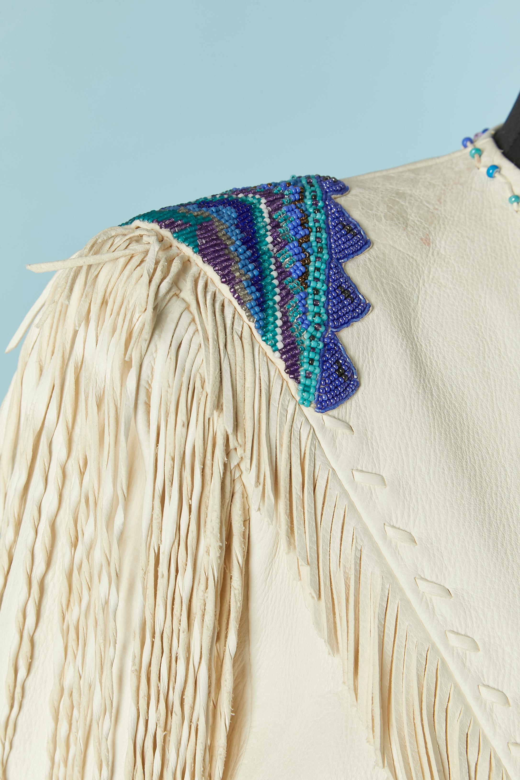 Women's White leather jacket with beadwork and fringes GOSSAMER WINGS For Sale