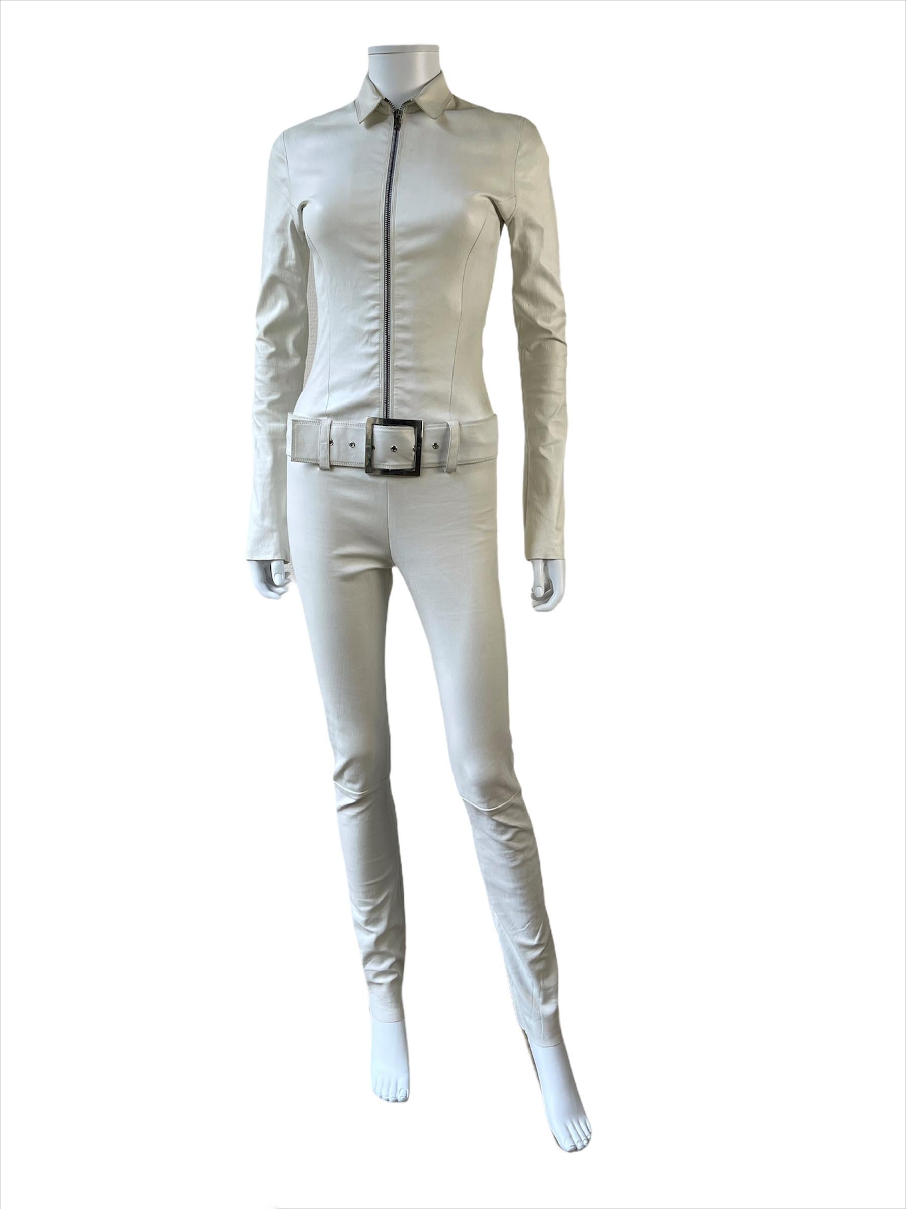 White Leather Jitrois Catsuit Kill Big Belt Buckle at 1stDibs