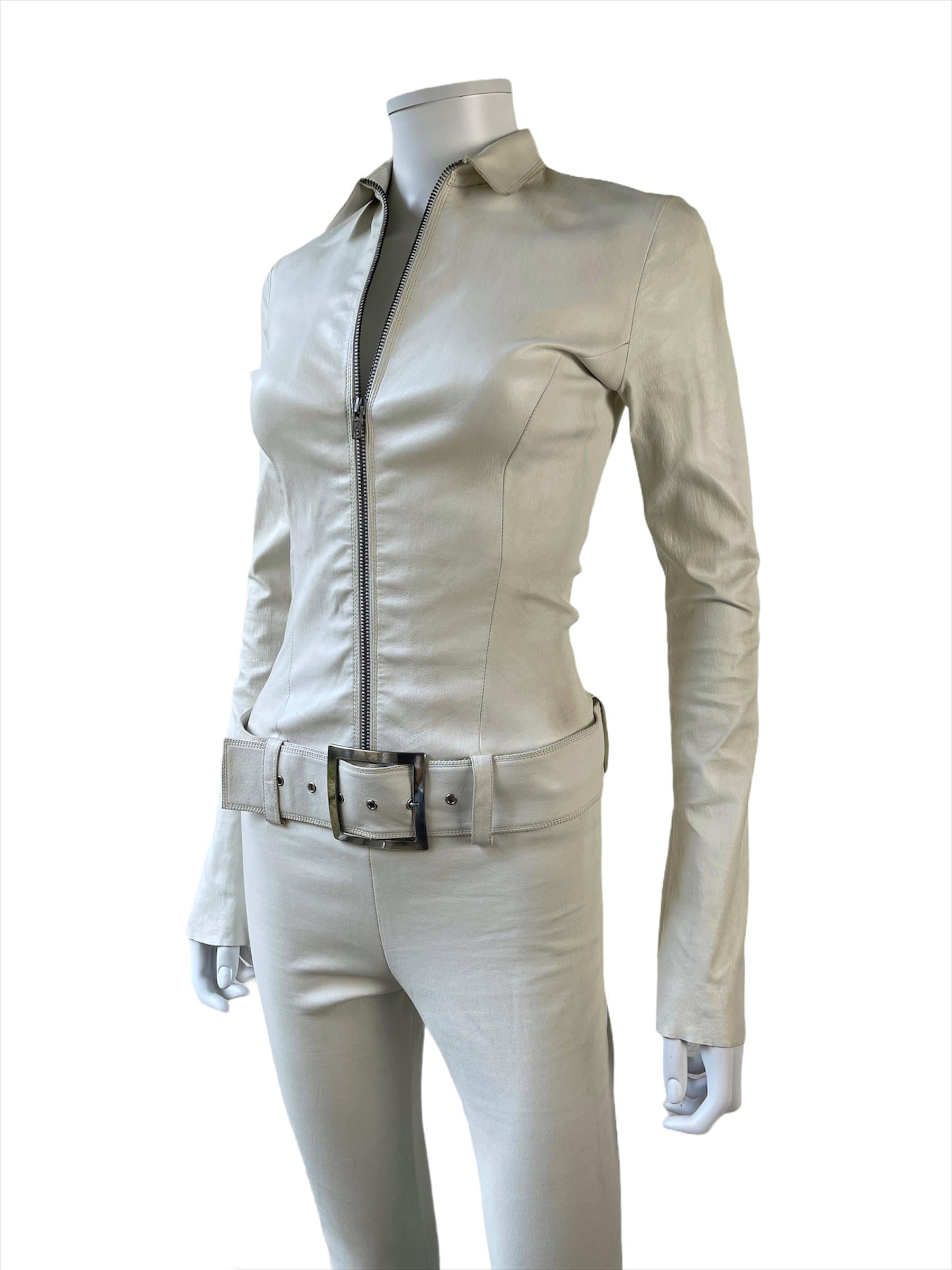 Gray White Leather Jitrois Catsuit Kill Big Belt Buckle