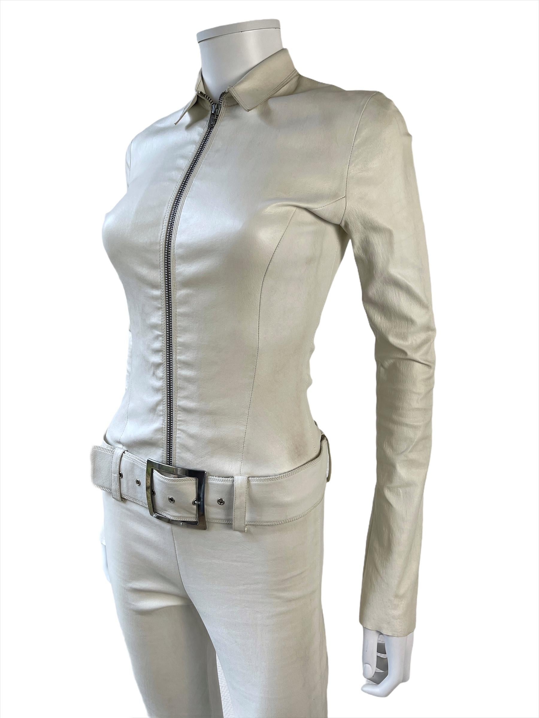 White Leather Jitrois Catsuit Kill Big Belt Buckle  In Good Condition In Paris, FR