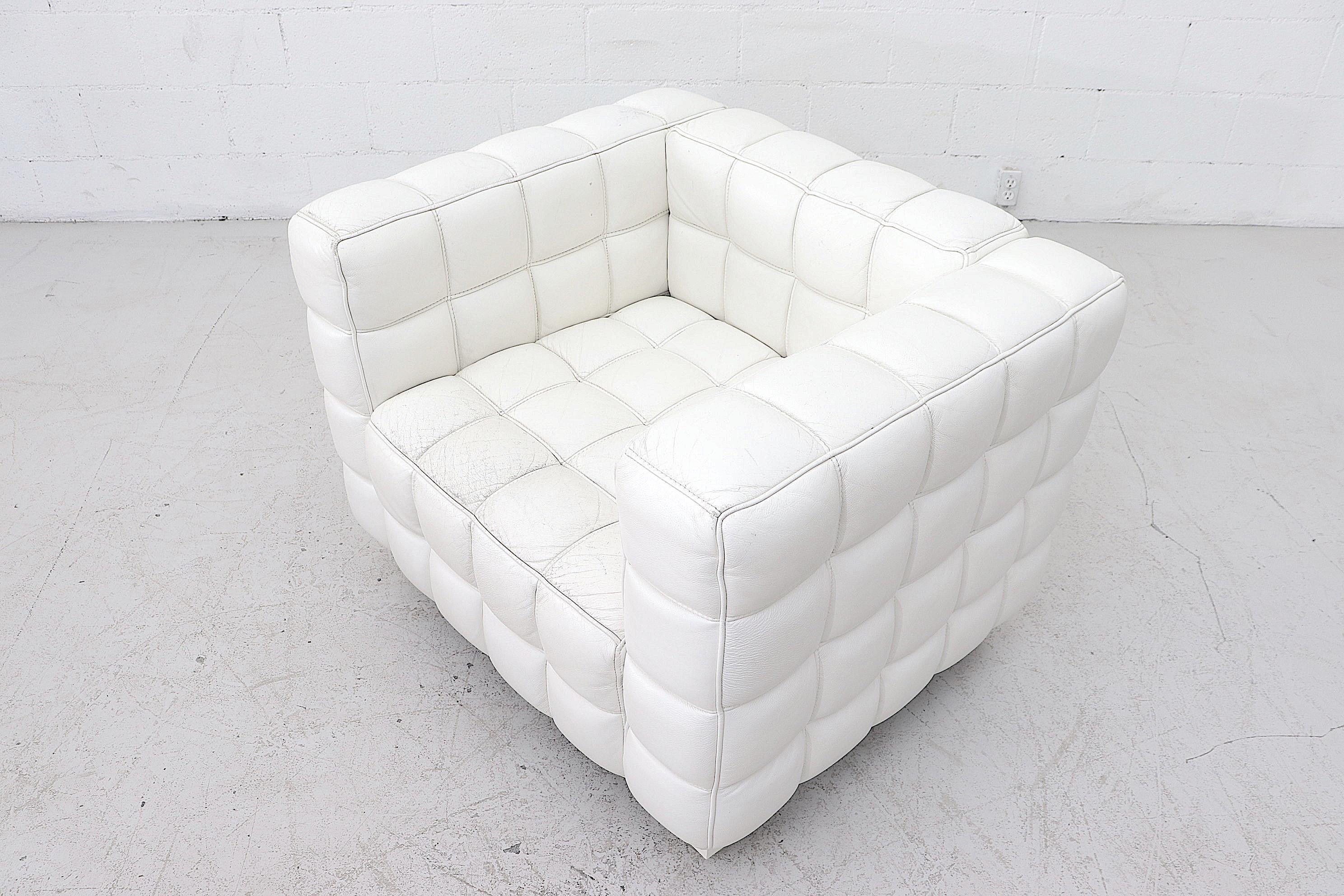 White Leather Kubus Style Lounge Chairs with Ottoman 4