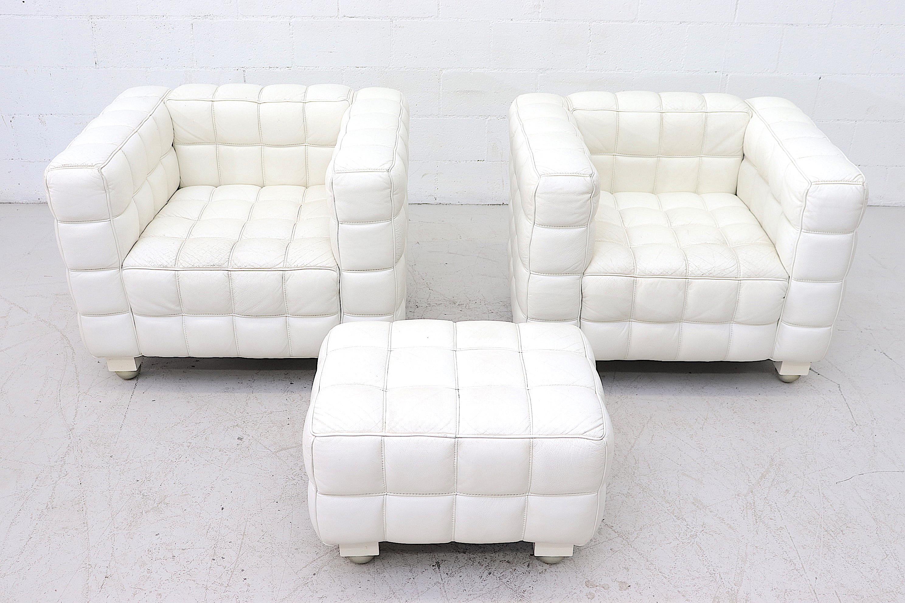 Mid-Century Modern White Leather Kubus Style Lounge Chairs with Ottoman