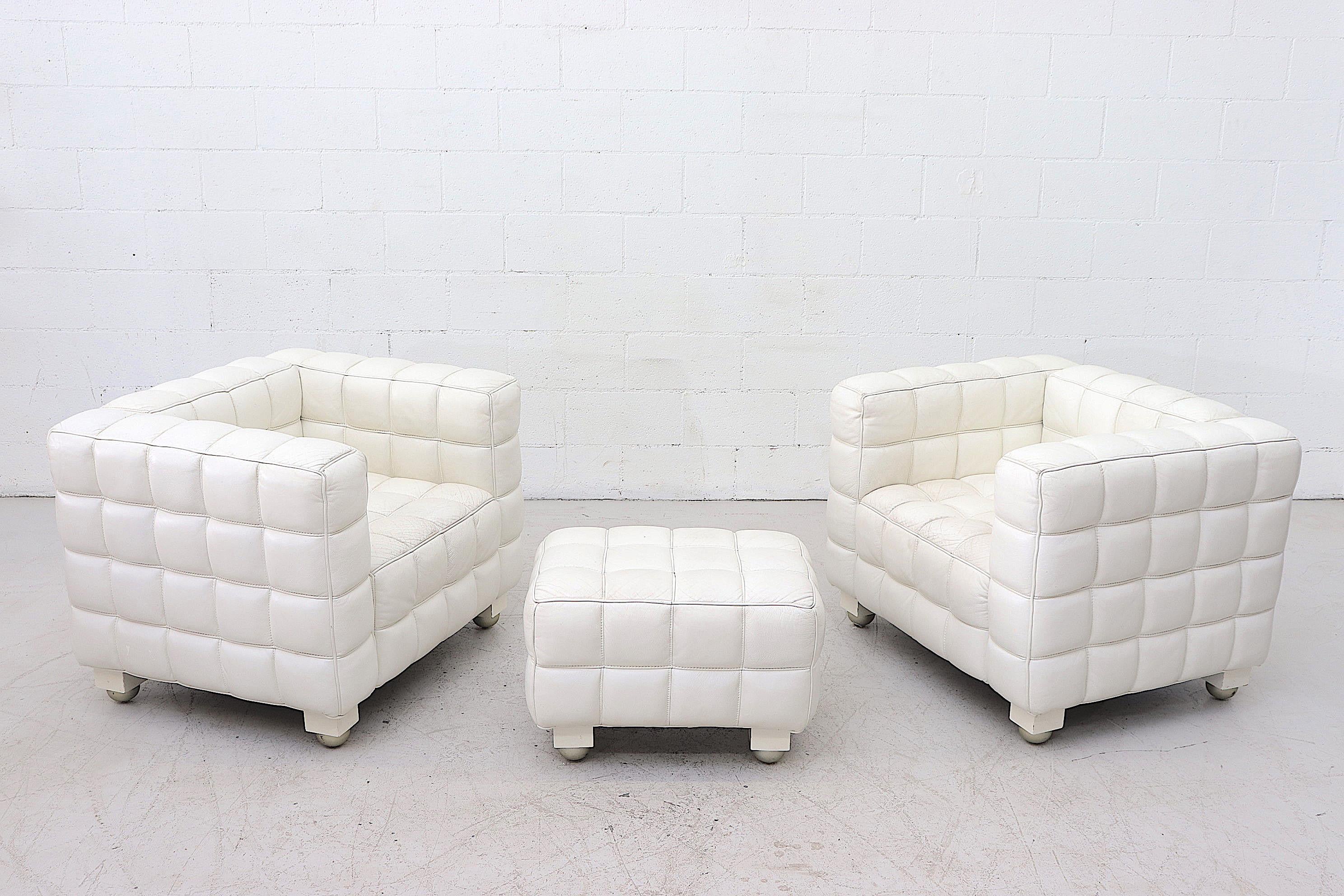 Dutch White Leather Kubus Style Lounge Chairs with Ottoman