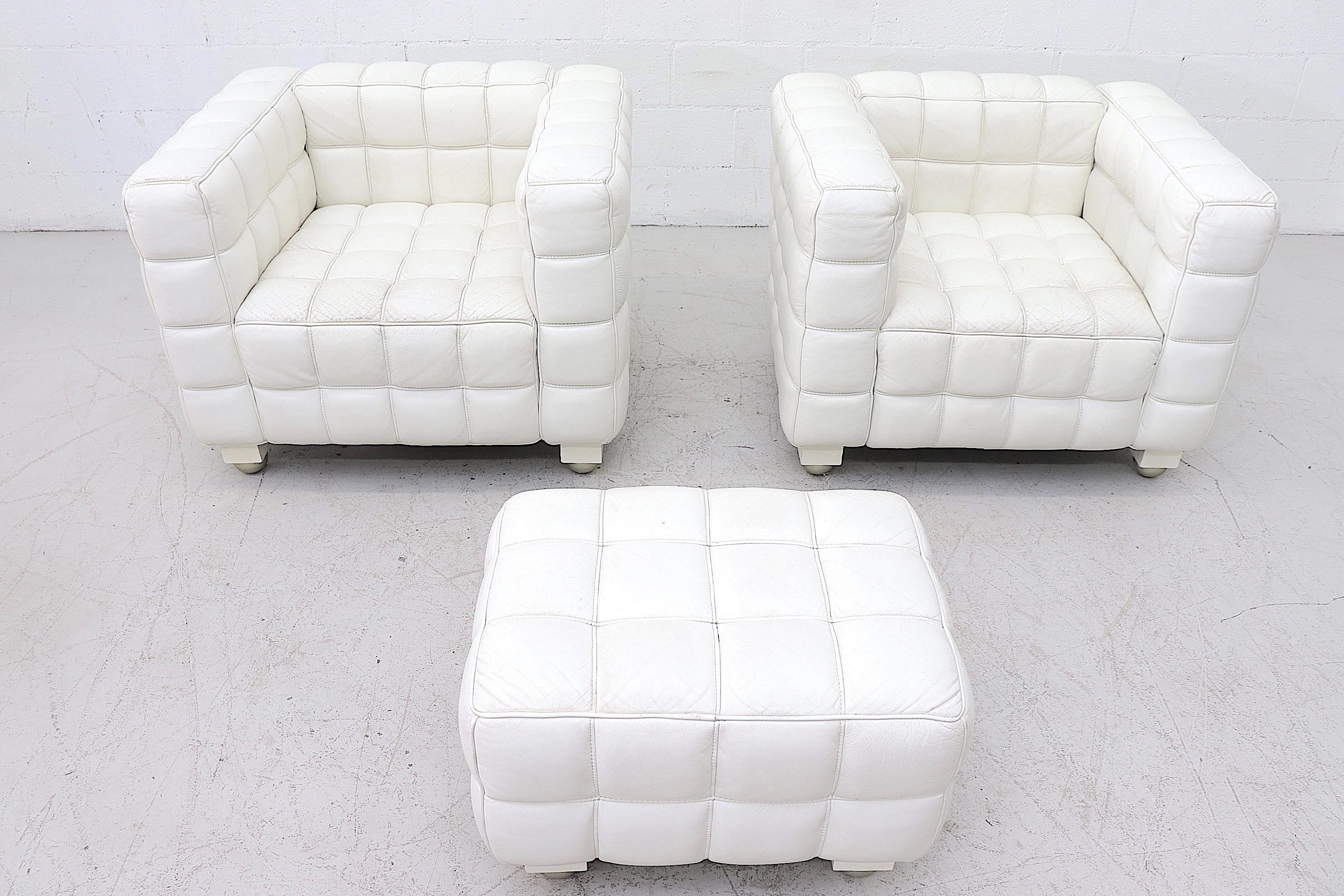 White Leather Kubus Style Lounge Chairs with Ottoman In Good Condition In Los Angeles, CA