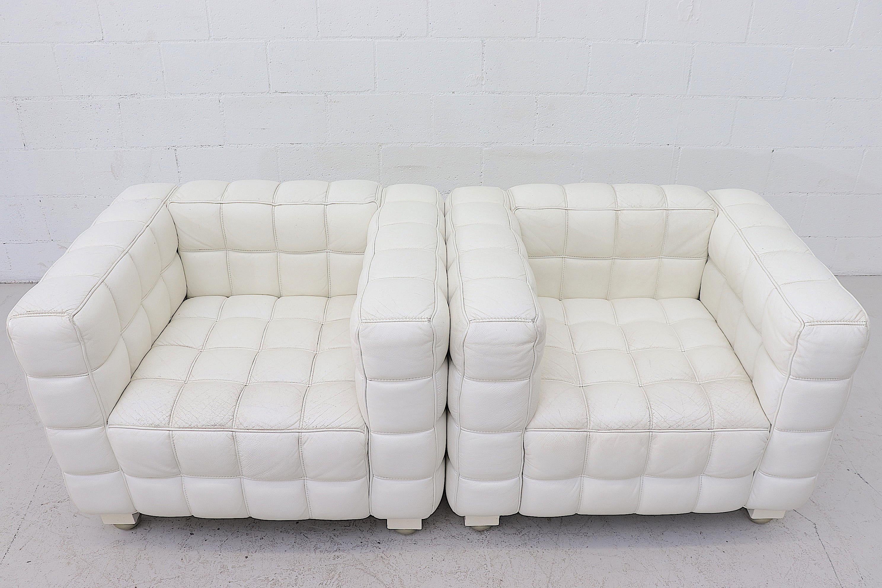Late 20th Century White Leather Kubus Style Lounge Chairs with Ottoman