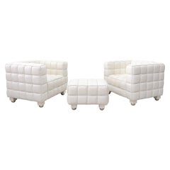 White Leather Kubus Style Lounge Chairs with Ottoman