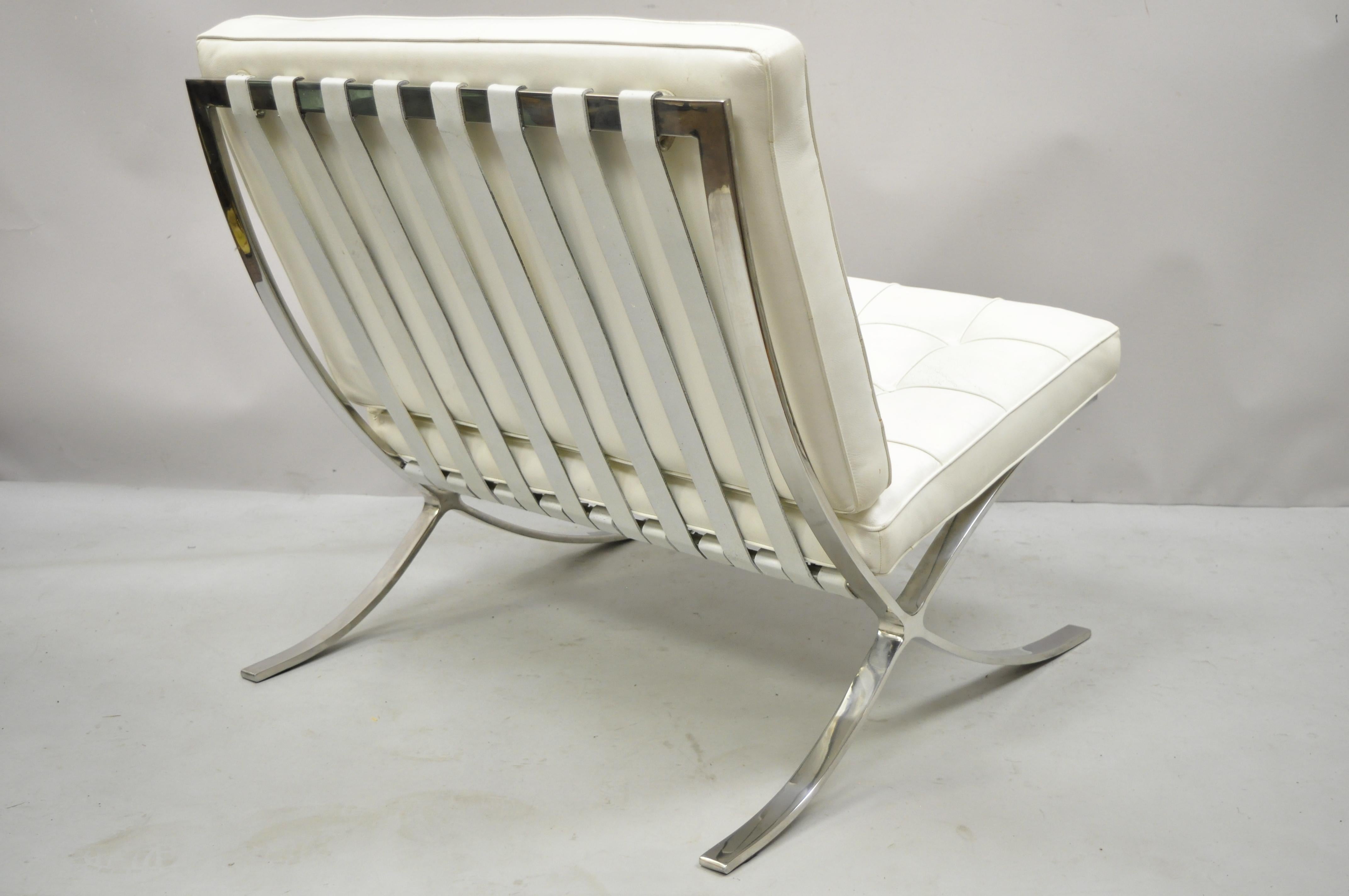 Mid-Century Modern White Leather Ludwig Mies van der Rohe Barcelona Style Chrome Steel Lounge Chair