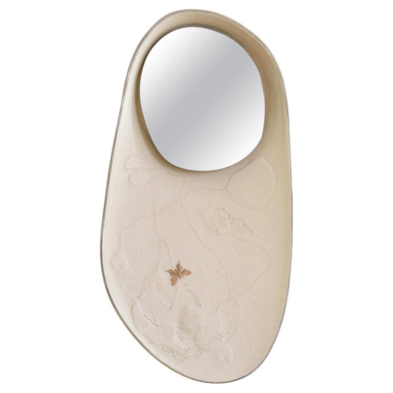White Leather Mirror with Gold, Silver and Copper Embroidery, France at