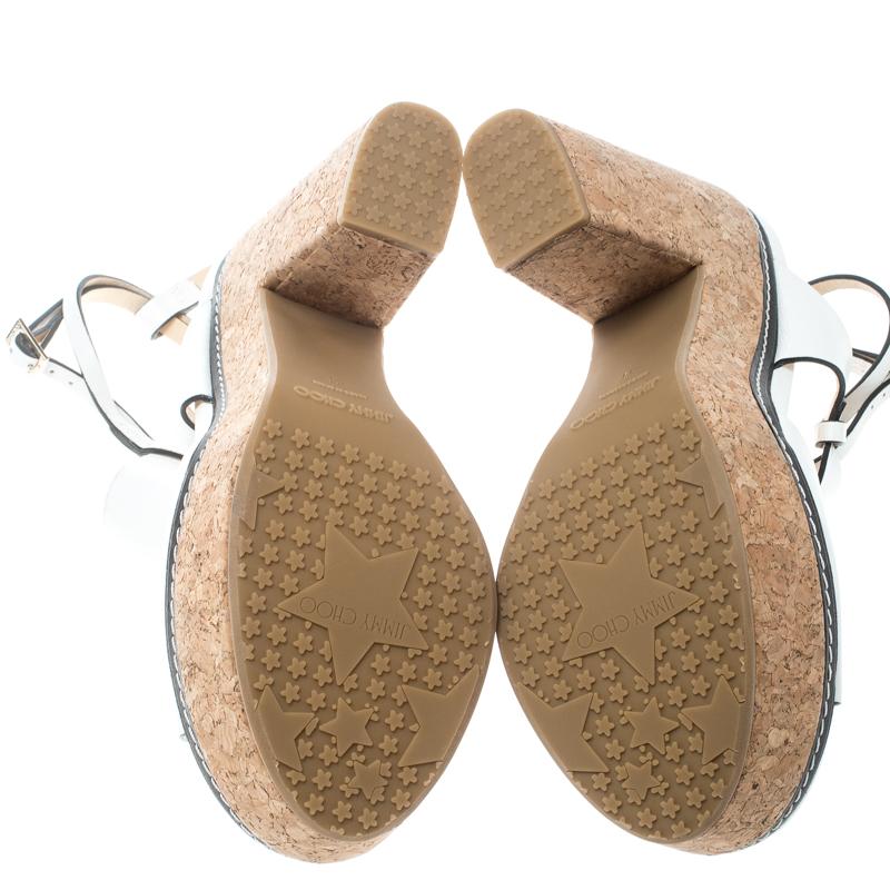 White Leather Noble Peep Toe Ankle Strap Platform Cork Sandals Size 41 In Good Condition In Dubai, Al Qouz 2