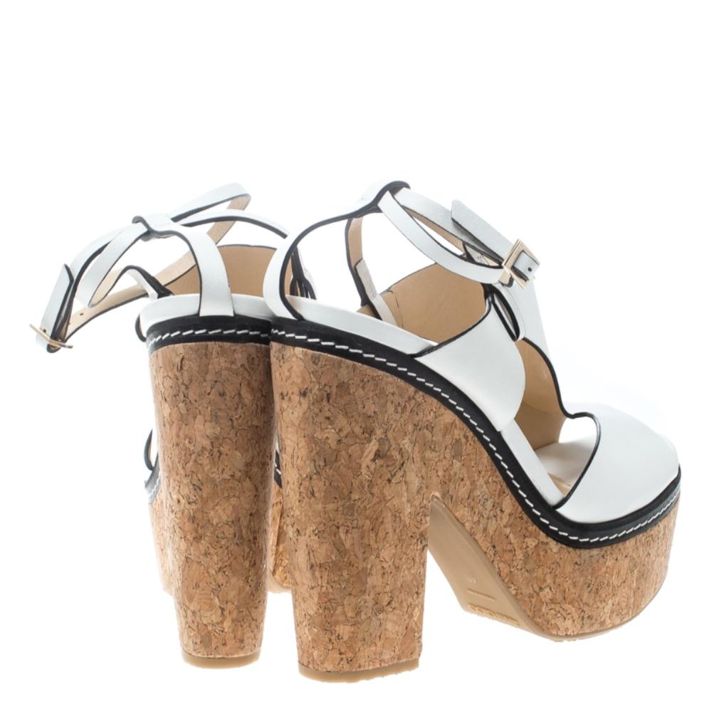 Women's White Leather Noble Peep Toe Ankle Strap Platform Cork Sandals Size 41