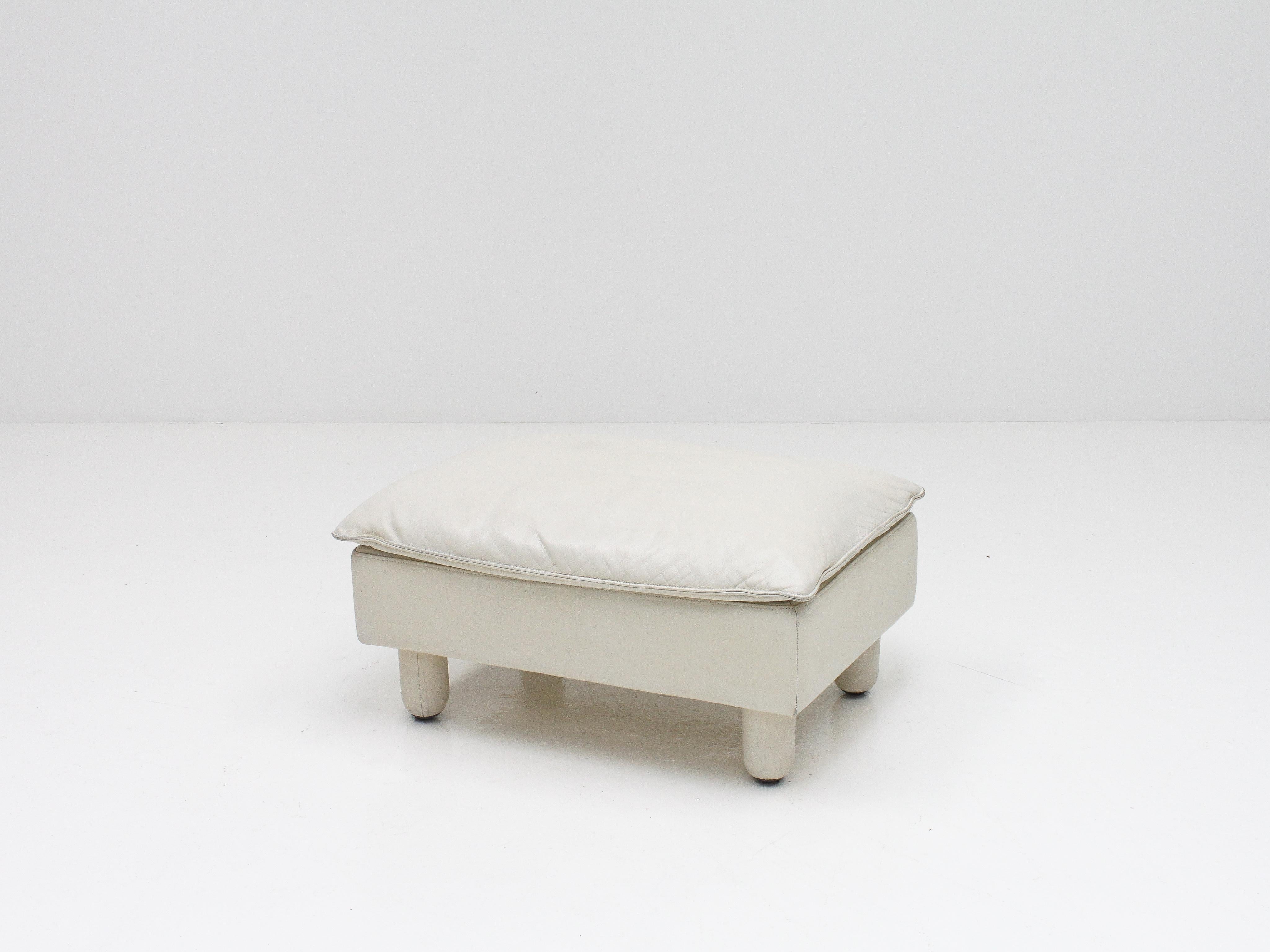 Mid-Century Modern White Leather Pouf/Footstool by 