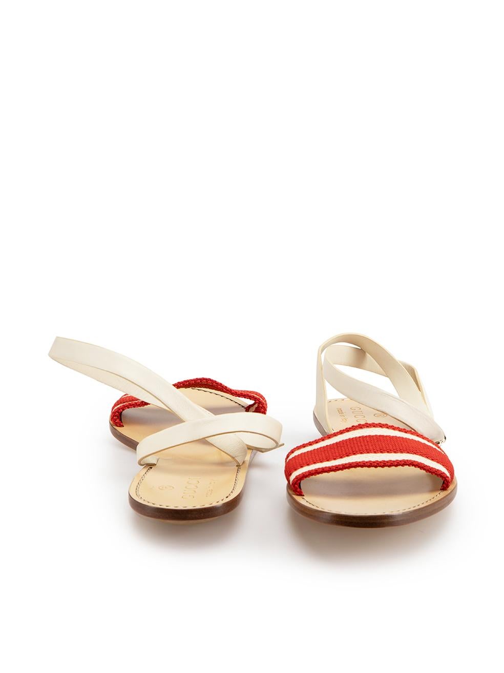 White Leather Red Canvas Web Sandals Size IT 37 In Good Condition For Sale In London, GB