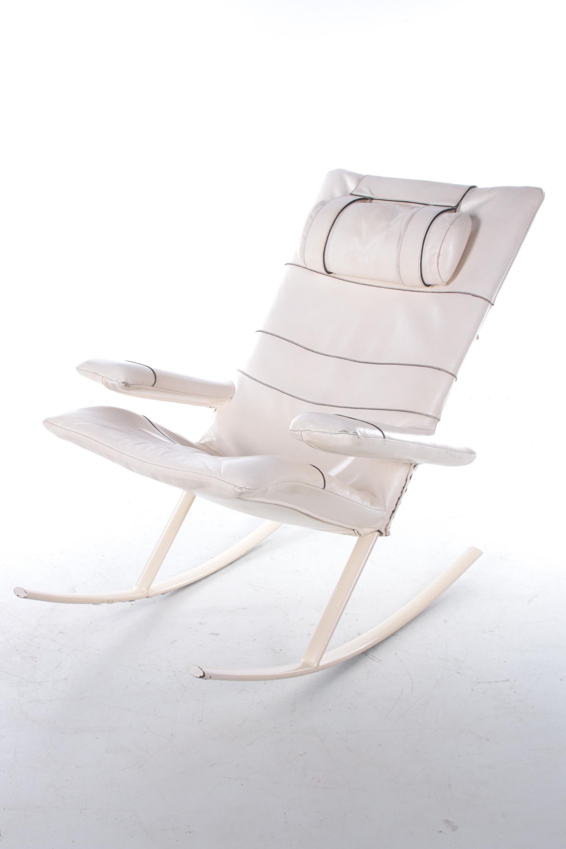 Mid-Century Modern White Leather Rocking Chair Design by Jori, Belgium 1960s