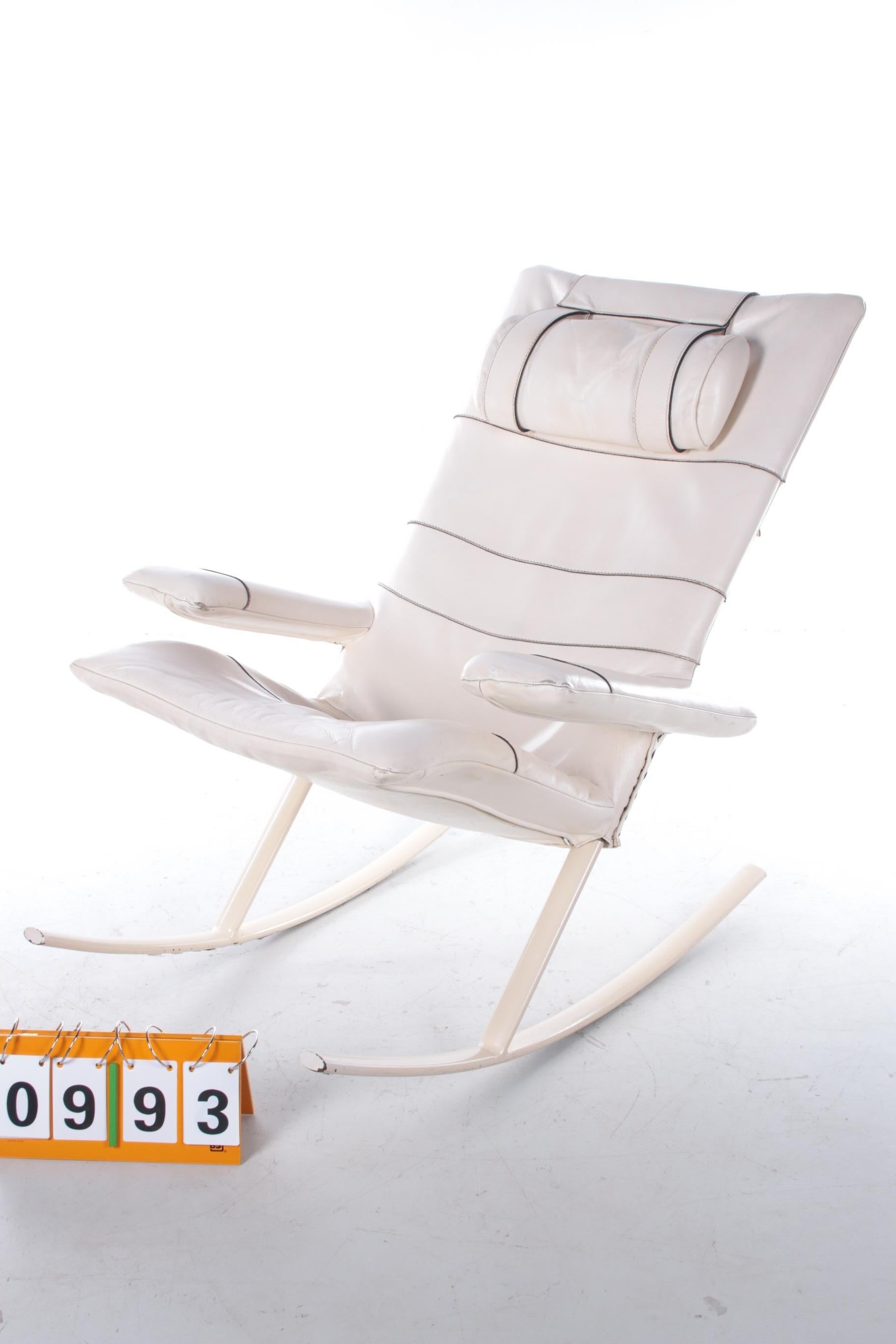 Belgian White Leather Rocking Chair Design by Jori, Belgium 1960s