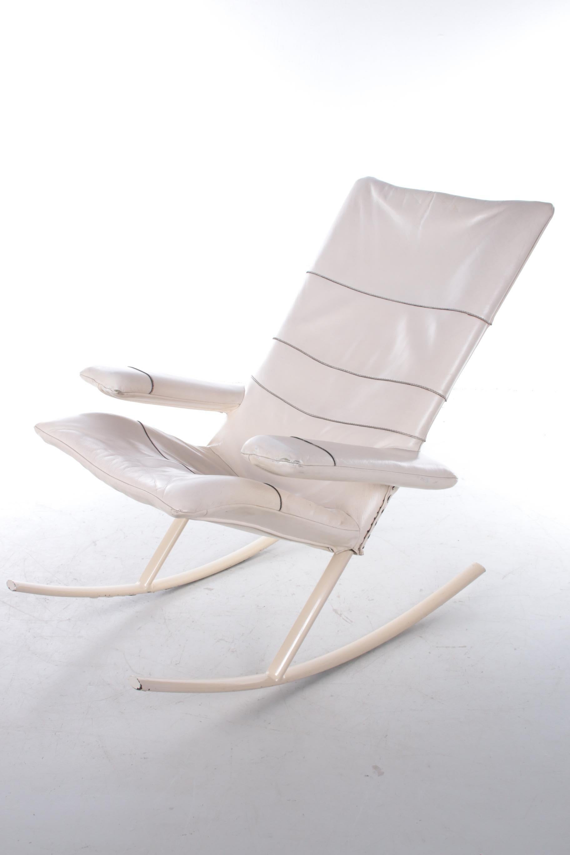 White Leather Rocking Chair Design by Jori, Belgium 1960s 2