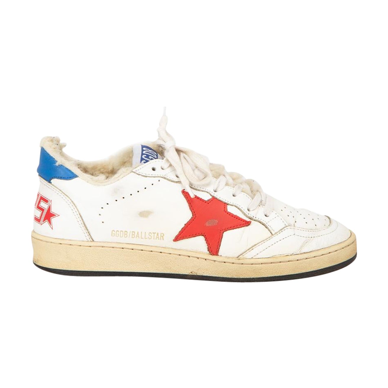 White Leather Shearling Lined Distressed Effect Low Trainers Size EU 38