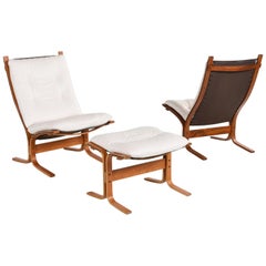 White Leather Siesta Lounge Chairs and Ottoman by Ekornes of Norway